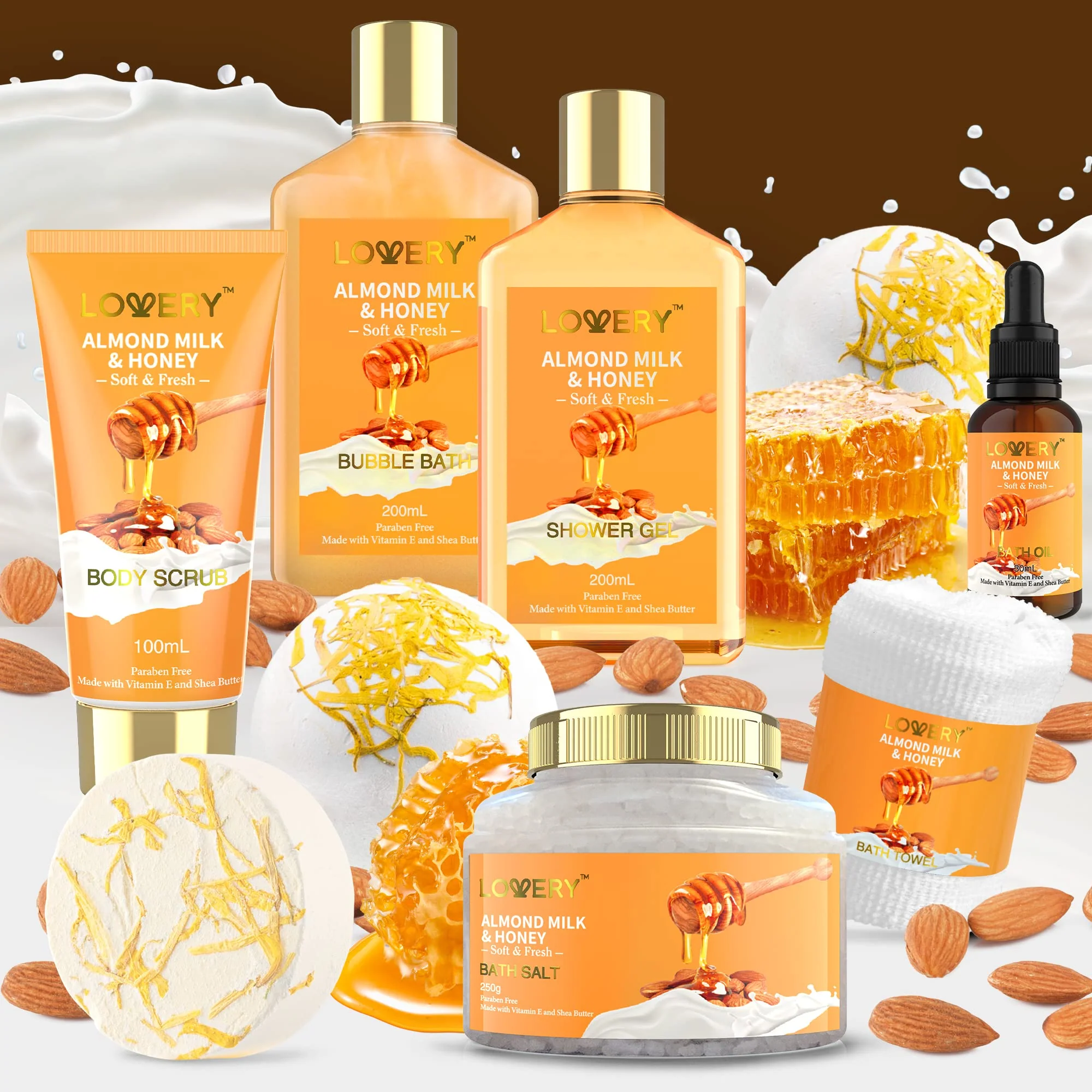 Lovery Gift Basket for Women - 10 Pc Almond Milk &a; Honey Beauty &a; Personal Care Set - Home Bath Pampering Package for Relaxing - Spa Se