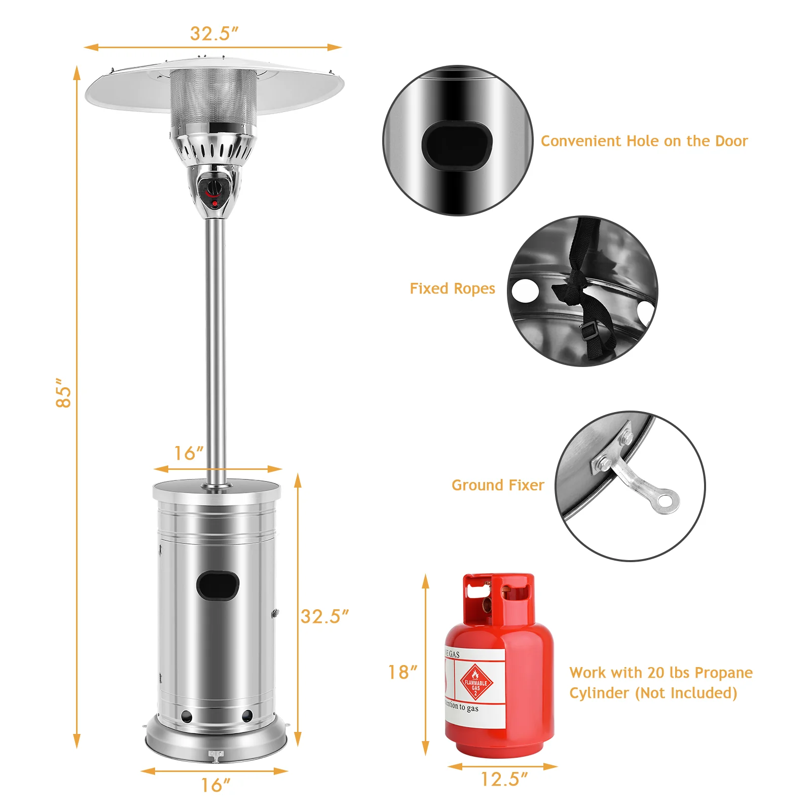 Topbuy Patiojoy 48,000 BTU Outdoor Patio Heater Stainless Steel Propane Patio Heater w/Tip-Over &a; Flameout Protection