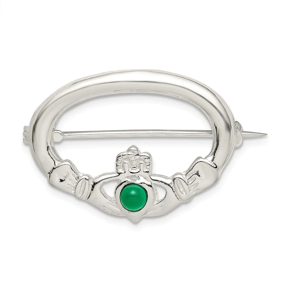 Jewelryweb Sterling Silver Green Simulated Stone Claddagh Pin