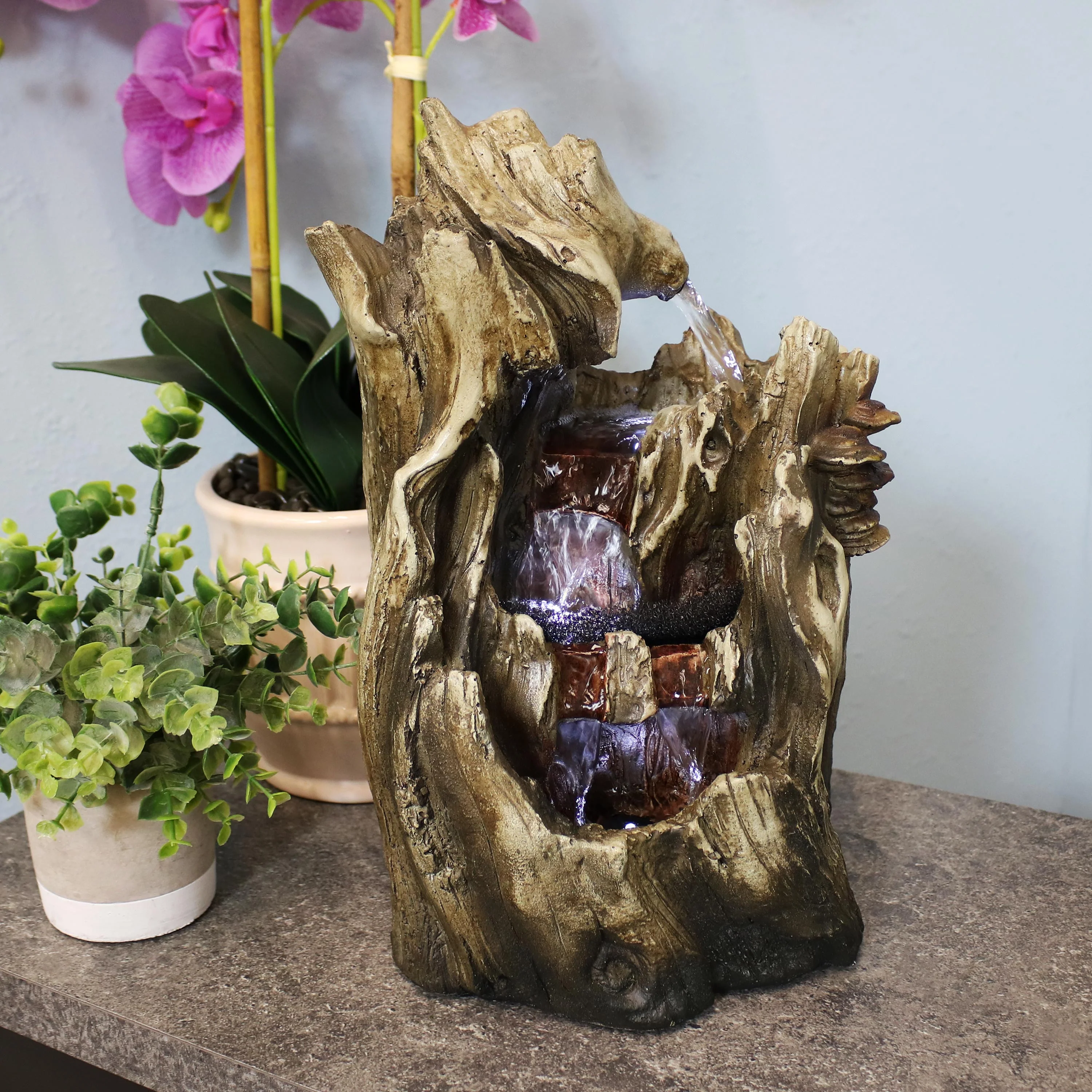 Sunnydaze Decor Cascading Caves Waterfall Tabletop Fountain with LED - 14 Inch Tall