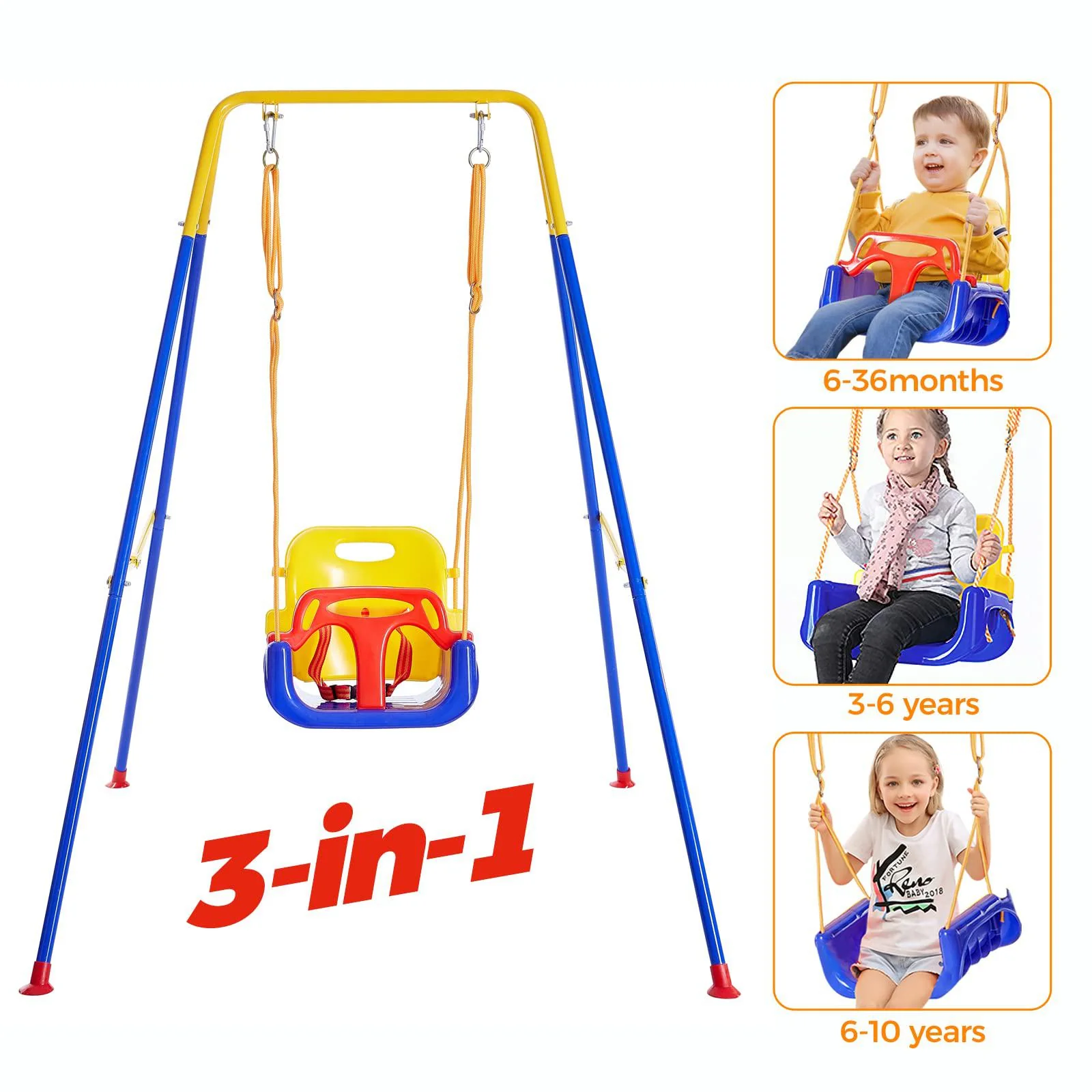 funlio 3-in-1 toddler swing set with 4 sandbags, indoor/outdoor baby swing with foldable metal stand, kids swing set for back