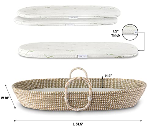 Kiddo Vibes Diaper Baby Changing Basket for Nursery Changing Table Set. Organic Seagrass Moses Basket with Thick Pad &a; 3 Soft Bamboo Covers
