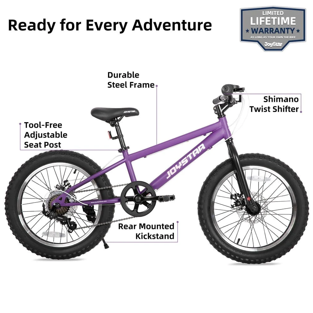 JOYSTAR 20 Inch Mountain Bike for Kids Ages 7-12 Year Old, 3-Inch Wide Knobby Tires, 7 Speed Shimano Drivetrain, Disc Brakes, Fat Tire Kids Bicycles for Boys Girls