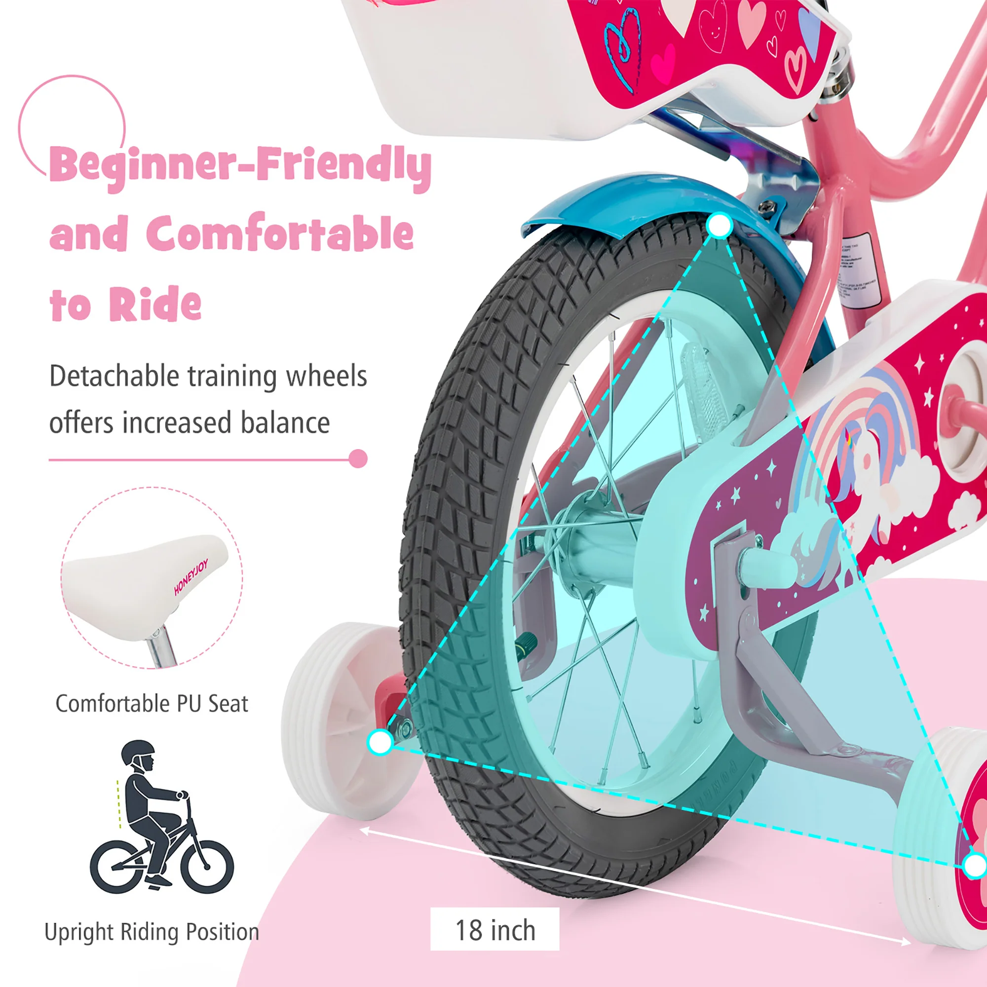 Costway Honeyjoy 14 Inches Kids Bicycle w/Training Wheels &a; Basket for Boys &a; Girls Age 3-5 Years
