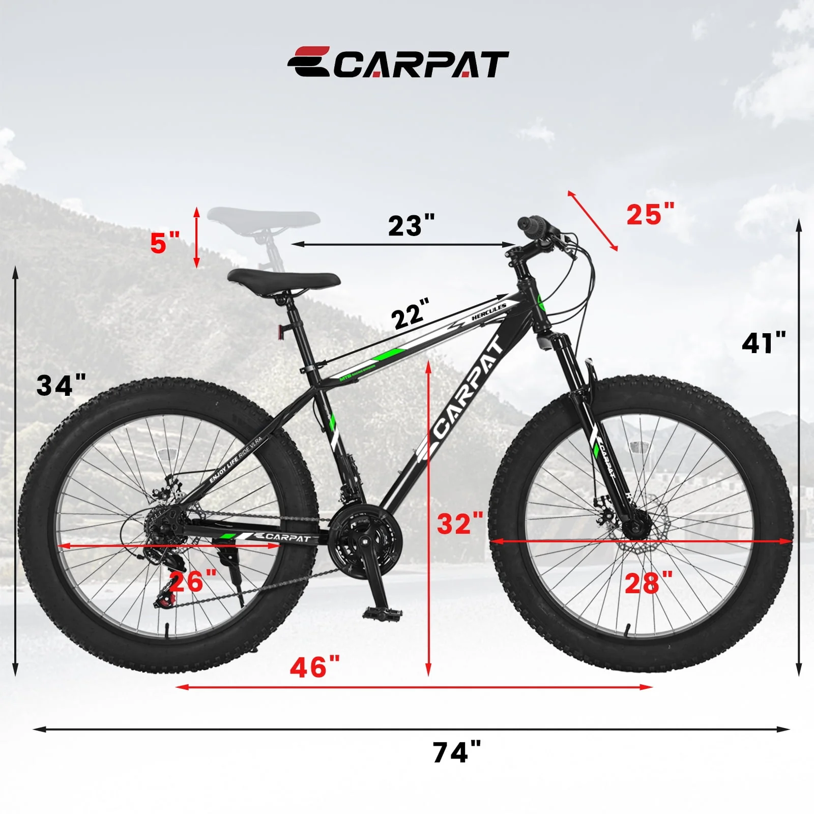 RedBrick Elecony 26 Inch Fat Tire Bike Adult/Youth Full Shimano 21 Speed Mountain Bike, Dual Disc Brake, High-Carbon Steel Frame, Front Suspension, Mountain Trail Bike, Urban Commuter City Bicycle