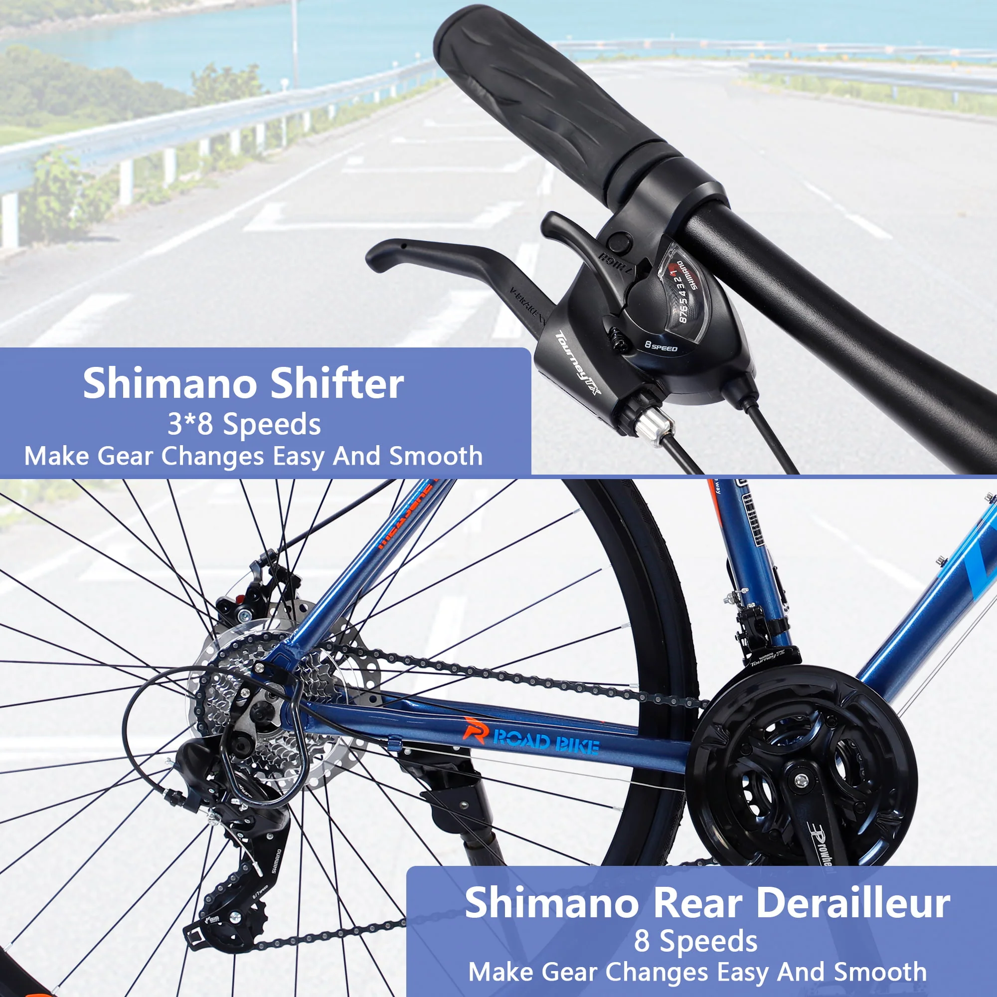 24 Speed Road Bike for Men Women, 700C Road Bike with Aluminum Frame Disc Brakes, Blue