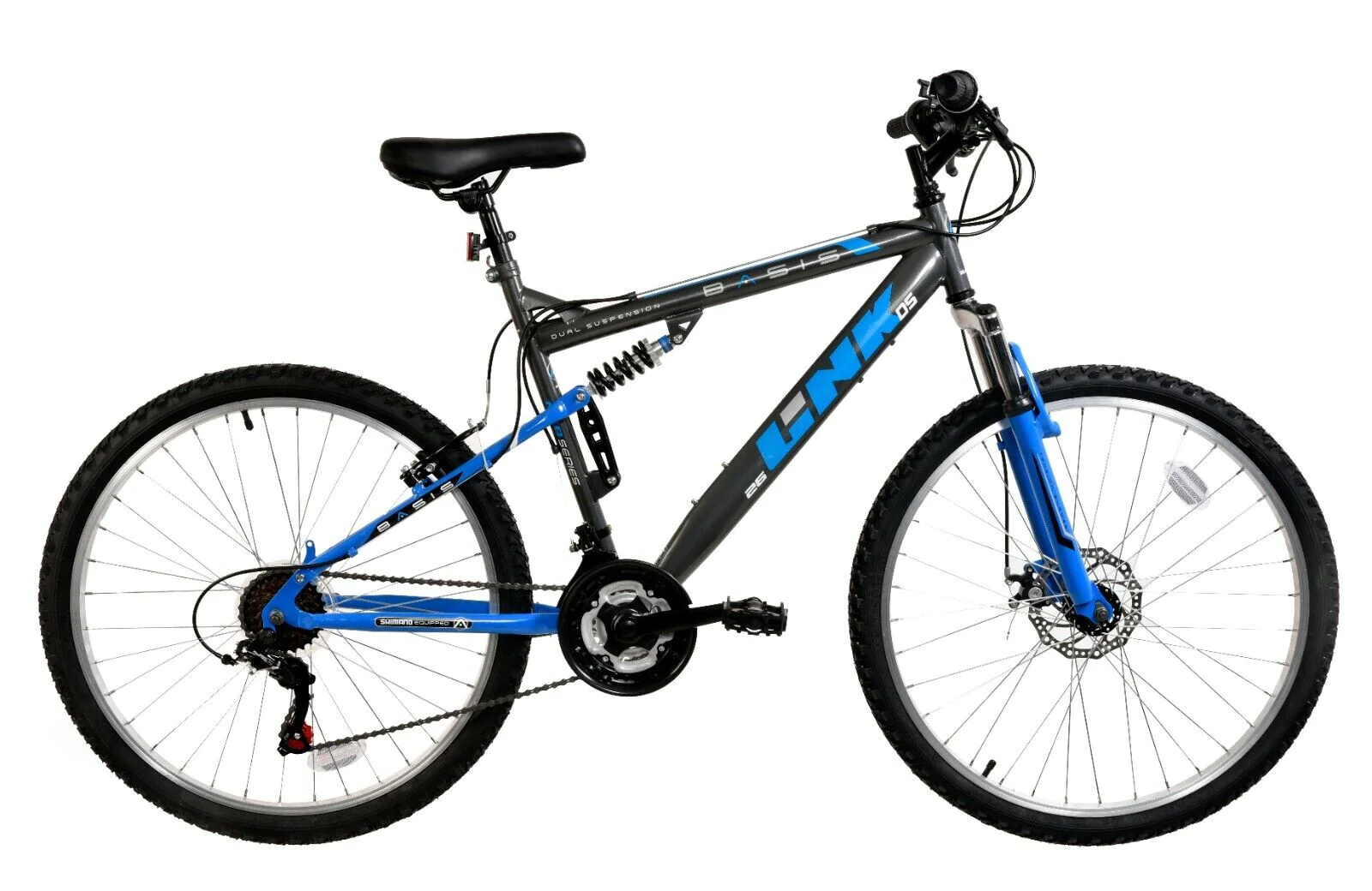 Basis Link Full Suspension Mountain Bike 26" Wheel MTB 18 Speed Shimano Grey/Blu