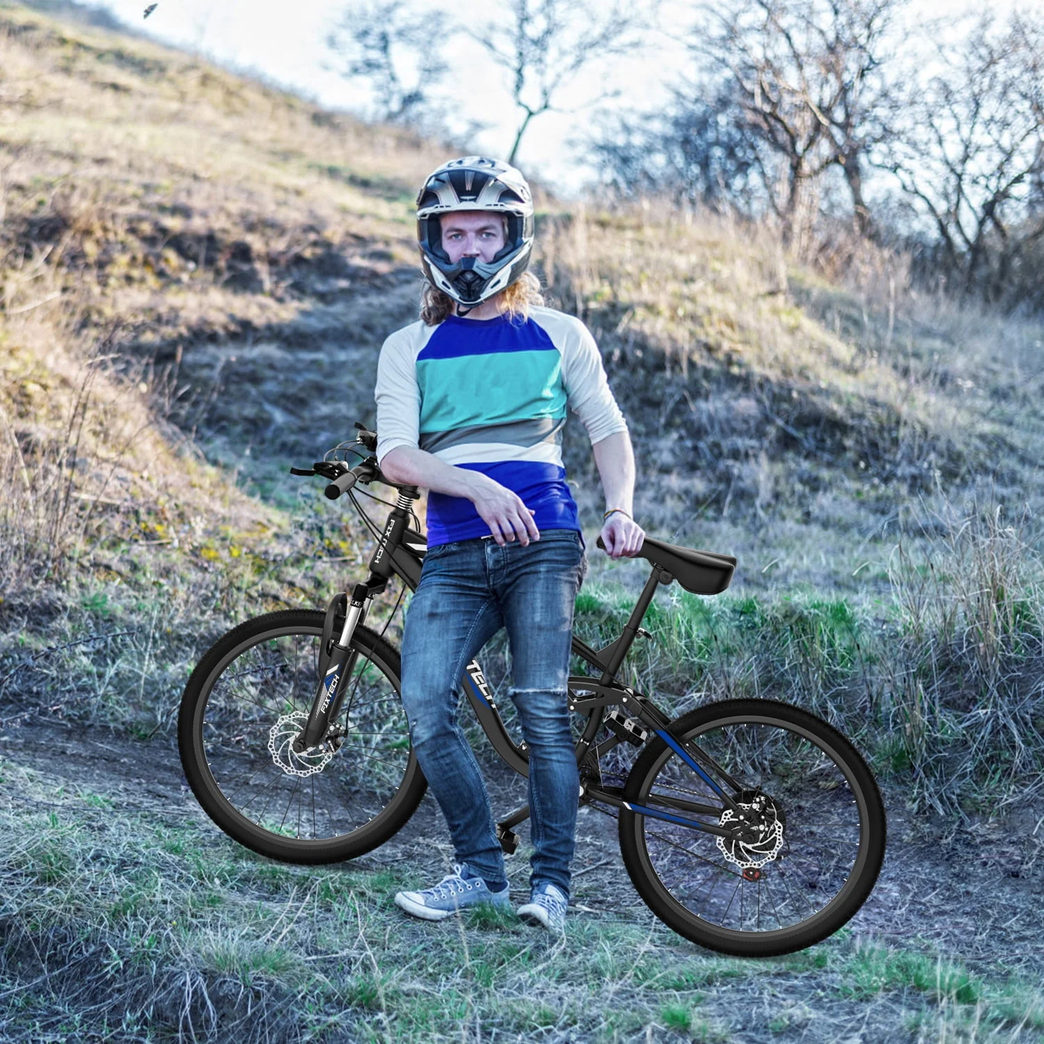 Fixtech 26-inch Mountain Bike with Full Suspension Frame, 21 Speed, Black/Blue