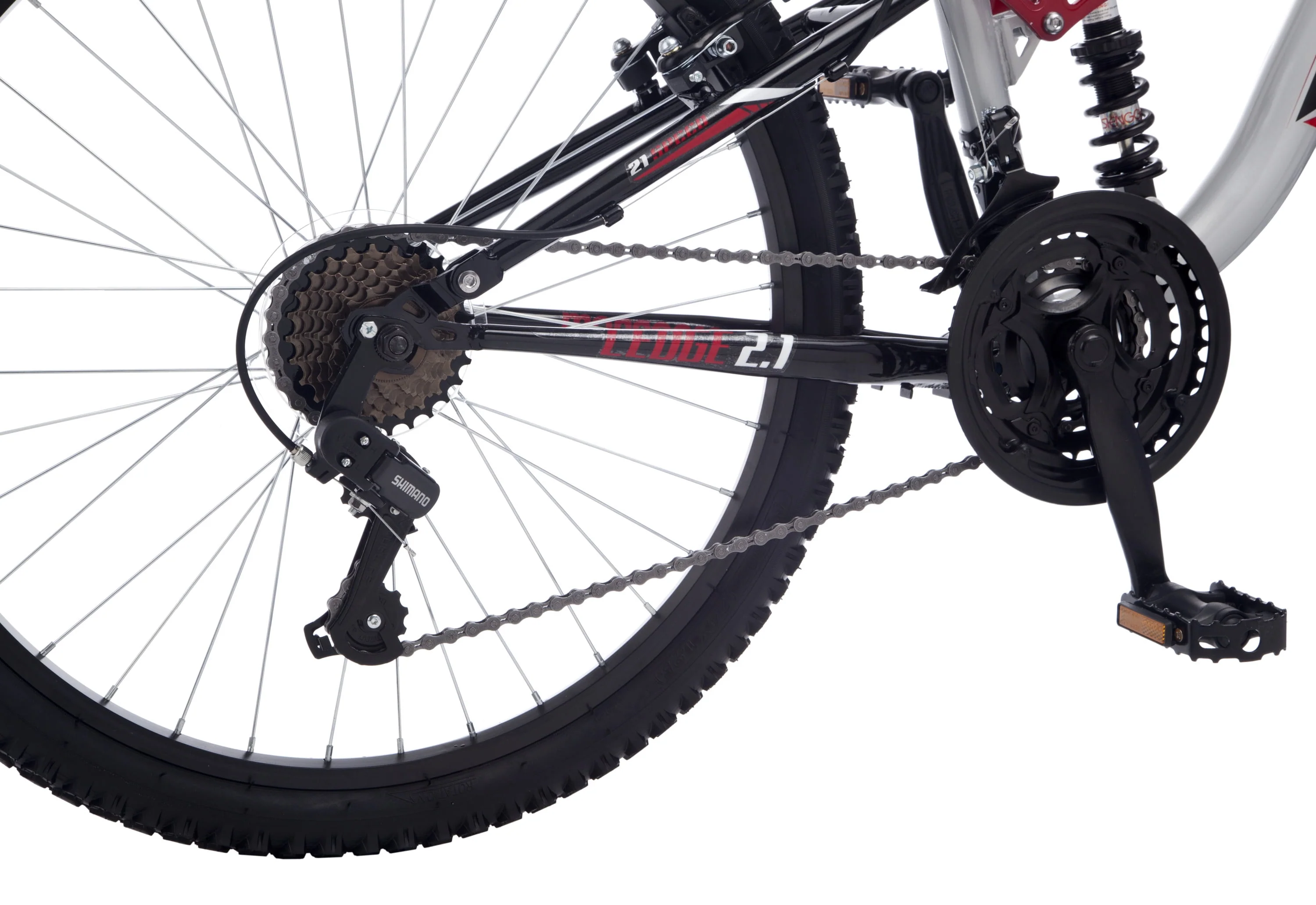Ledge 2.1 Mountain Bike, 24-inch wheels, 21 speeds, boys frame, Silver/Red
