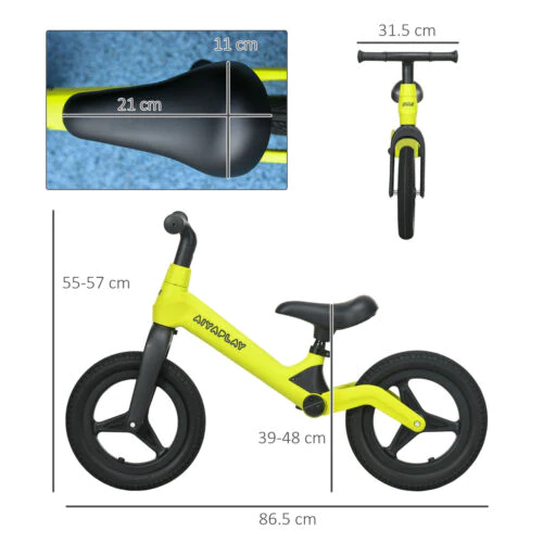AIYAPLAY 12" Baby Balance Bike w/ Adjustable Seat and Handlebar - Green