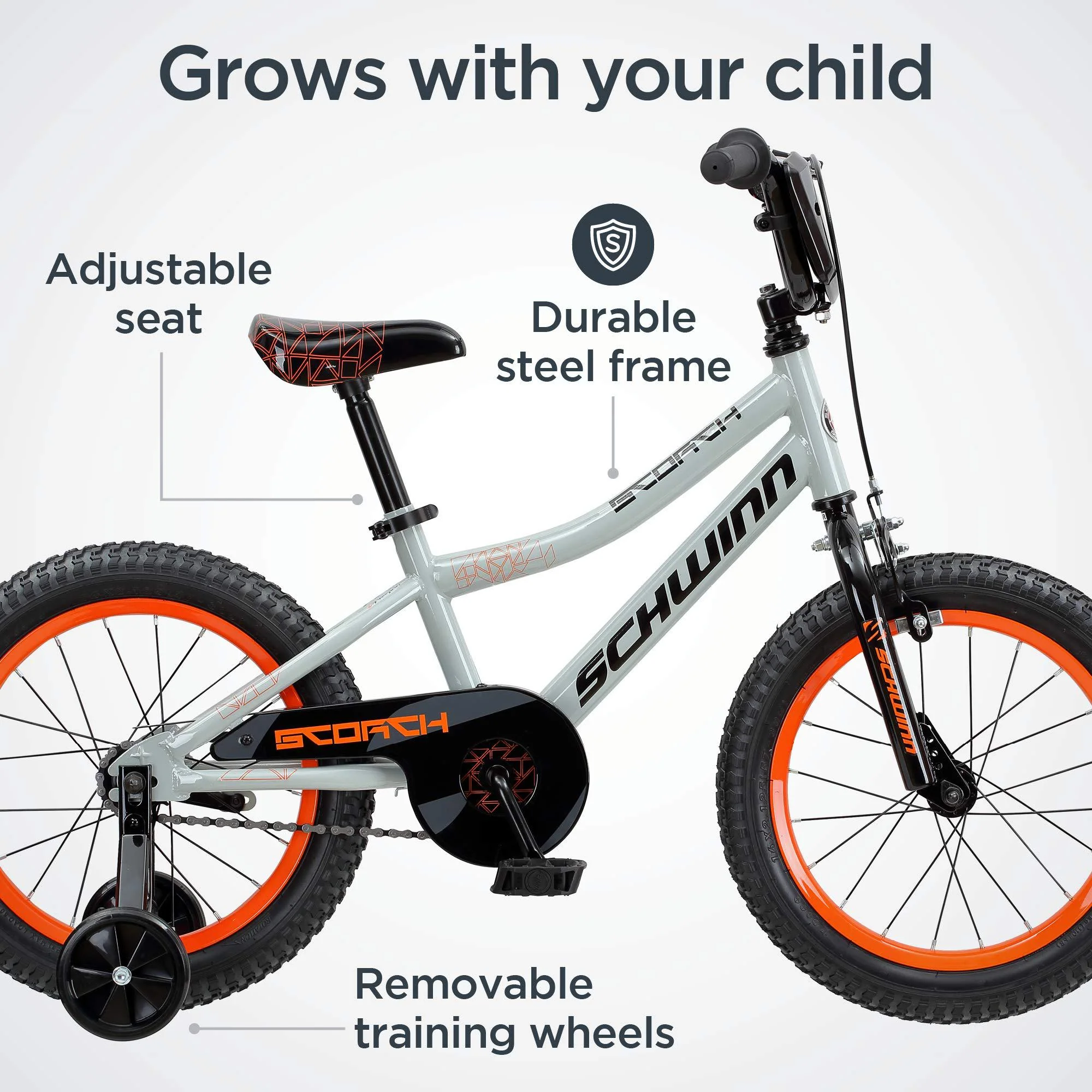 schwinn scorch kids bike, 16-inch wheels, training wheels included, grey