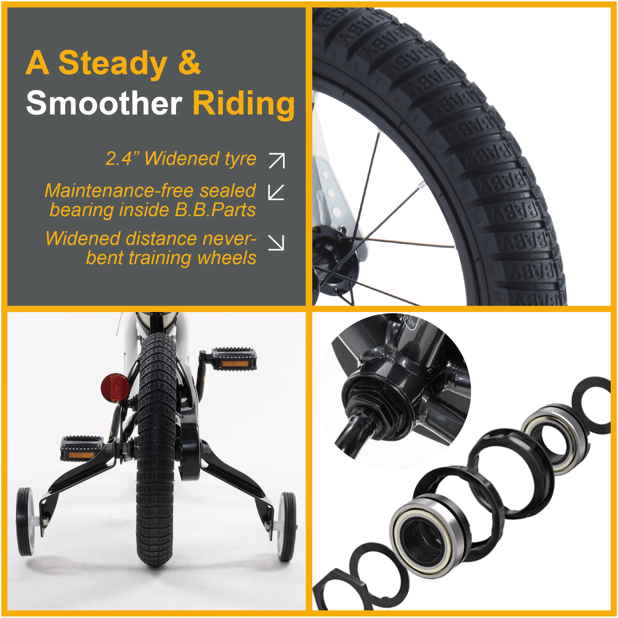 Royalbaby Boys Girls Kids Bike 12 In BMX Freestyle Black 2 Hand Brakes Bicycles with Training Wheels Child Bicycle