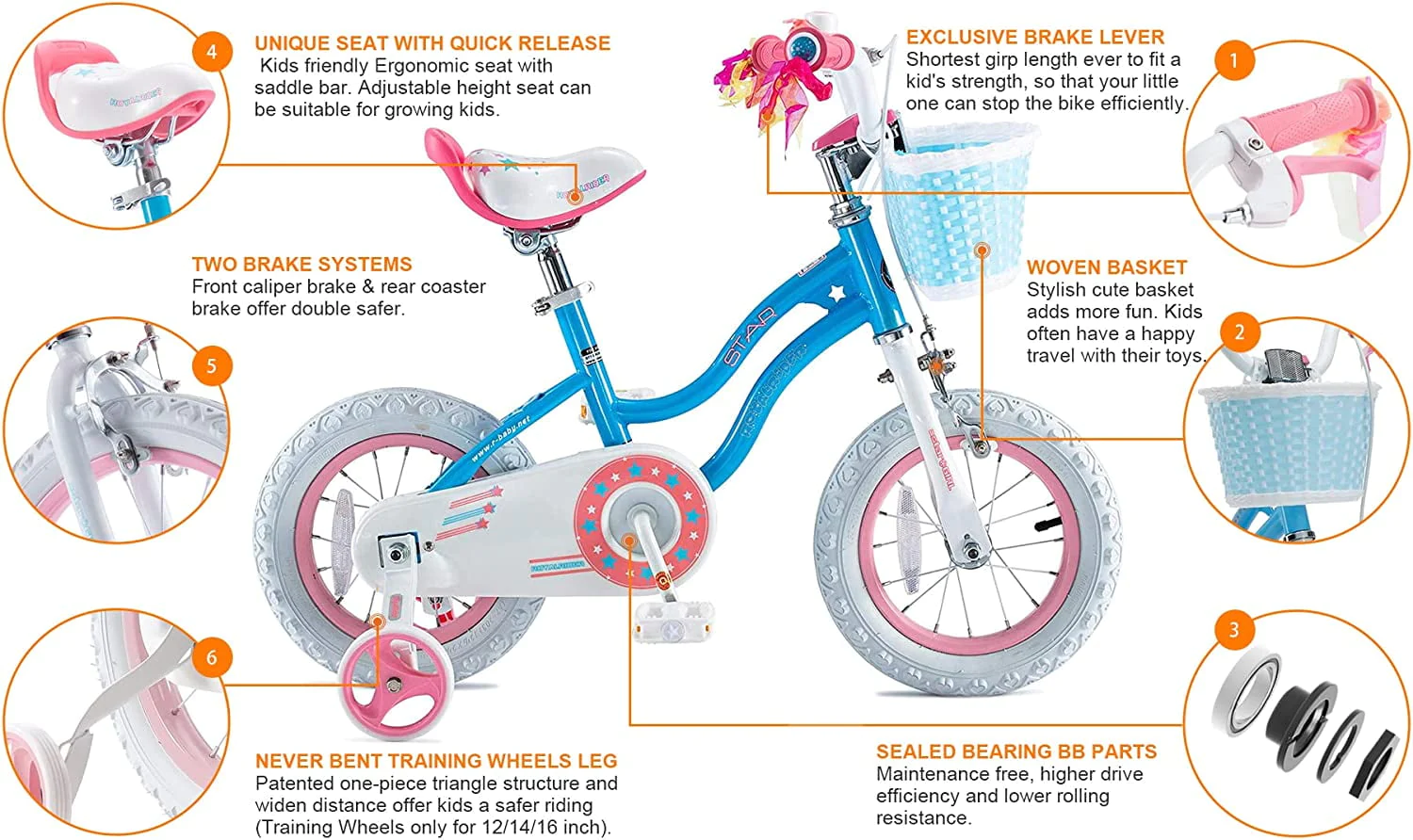 Royalbaby Girls Kids Bike Star girl 16 In. Bicycle Basket Training Wheels Kickstand Blue Child's Cycle