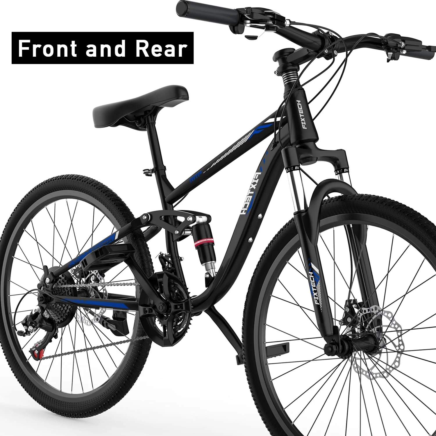 Fixtech 26-inch Mountain Bike with Full Suspension Frame, 21 Speed, Black/Blue