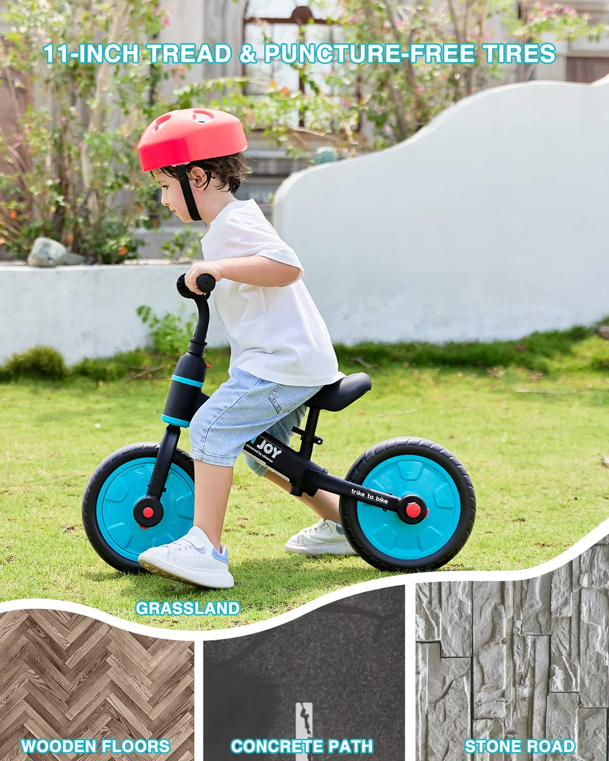 Ubravoo Fit 'n Joy Toddler Balance Bike,4-in-1 Starter Kids Training Bicycle,Rear Single Rod,Blue
