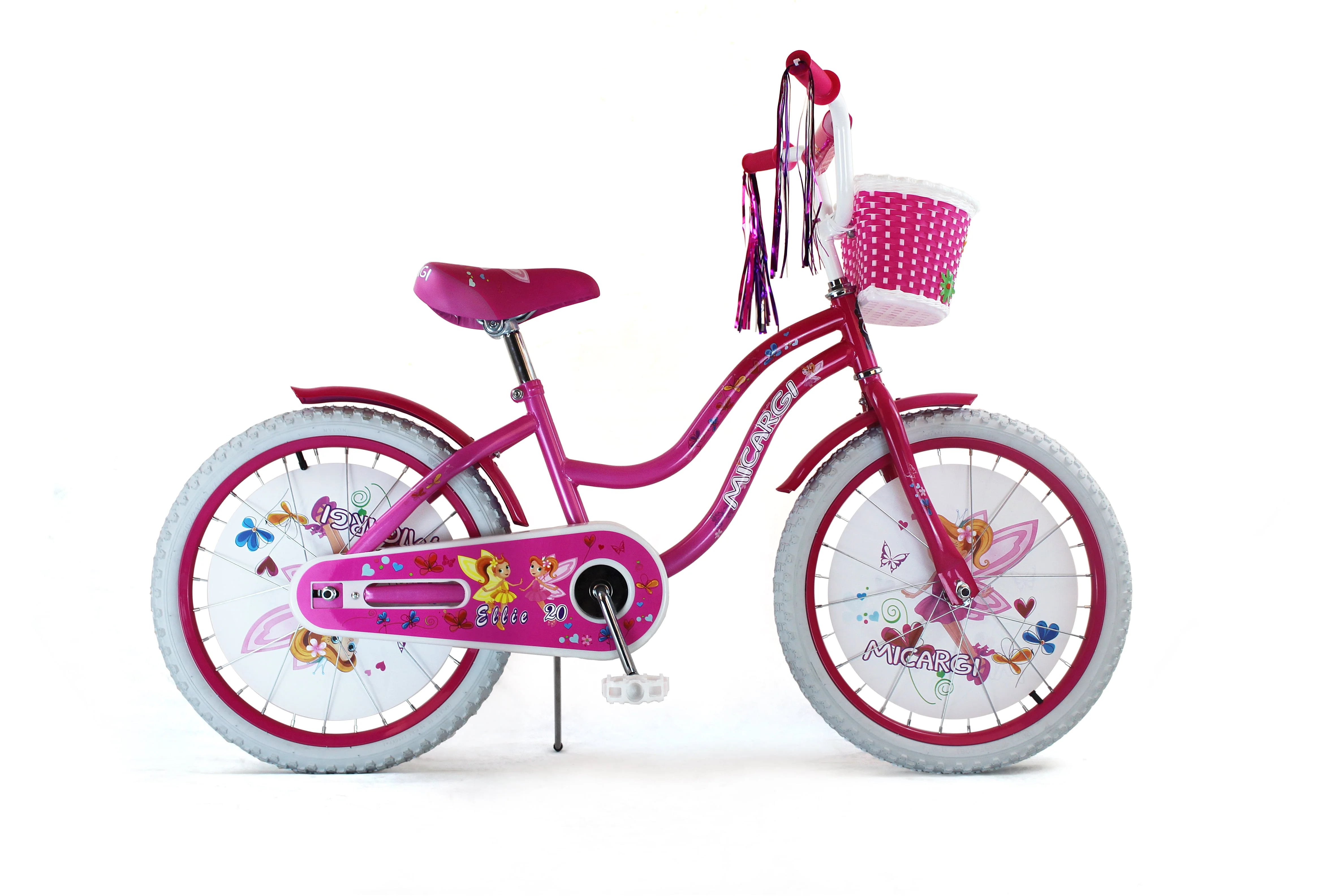 USToyOutlet 20 In. Cruiser Steel Frame Bicycle Coaster Brake One Piece Crank, White, Pink Full cover Chain Guard, Pink Basket, Fenders and Rims, White Tire Kid's Bike - Pink and Hot Pink