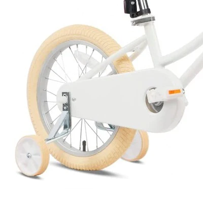 Petimini 16 Inch Steel Frame Child Bicycle with Wicket Basket, Handlebar Bell, Training Wheels, Adjustable Seat, and Parent Handle, Ages 4 to 8, White