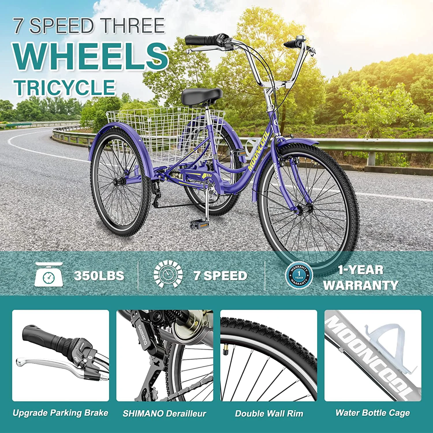 ABORON Adult Tricycles, 7 Speed Adult Trikes 24 inch 3 Wheel Bikes, Cruise Bike with Basket for Seniors, Women, Men for Recreation, Shopping, Multiple Colors