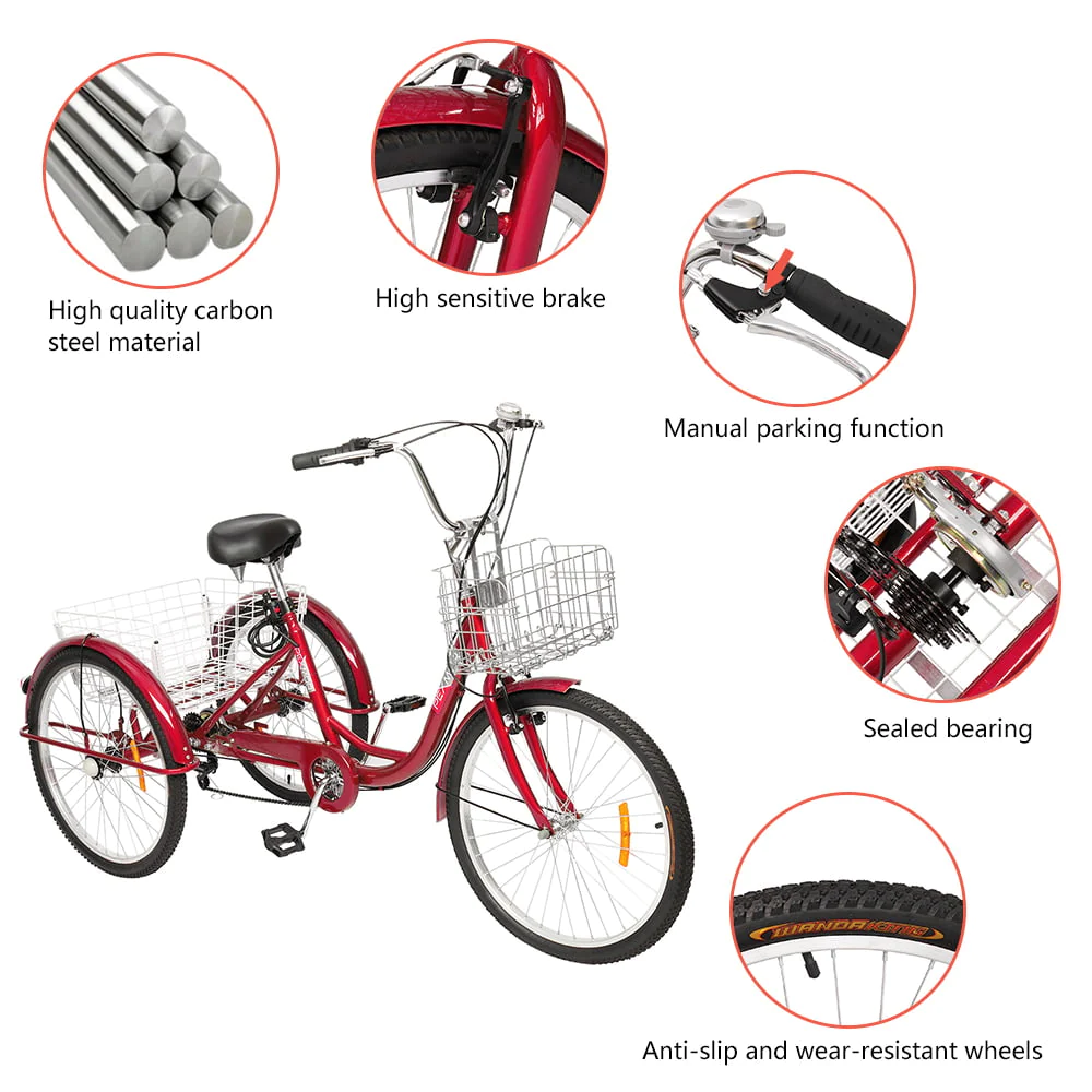 PEXMOR Adult Trike 7 Speed, 24/26 Inch Tricycle for Adult Three-Wheeled Cruiser Bike w/ Folding Front & Rear Basket Adjustable Height Seat for Recreation, Shopping Men's Women's Bike