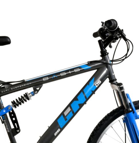 Basis Link Full Suspension Mountain Bike 26" Wheel MTB 18 Speed Shimano Grey/Blu