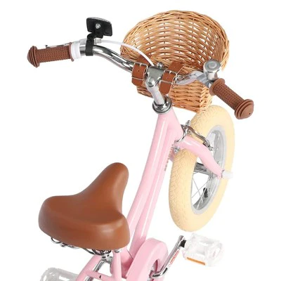 Petimini 14 Inch Steel Frame Child Bicycle with Wicket Basket, Handlebar Bell, Training Wheels, Adjustable Seat, and Parent Handle, Ages 3 to 5, Pink