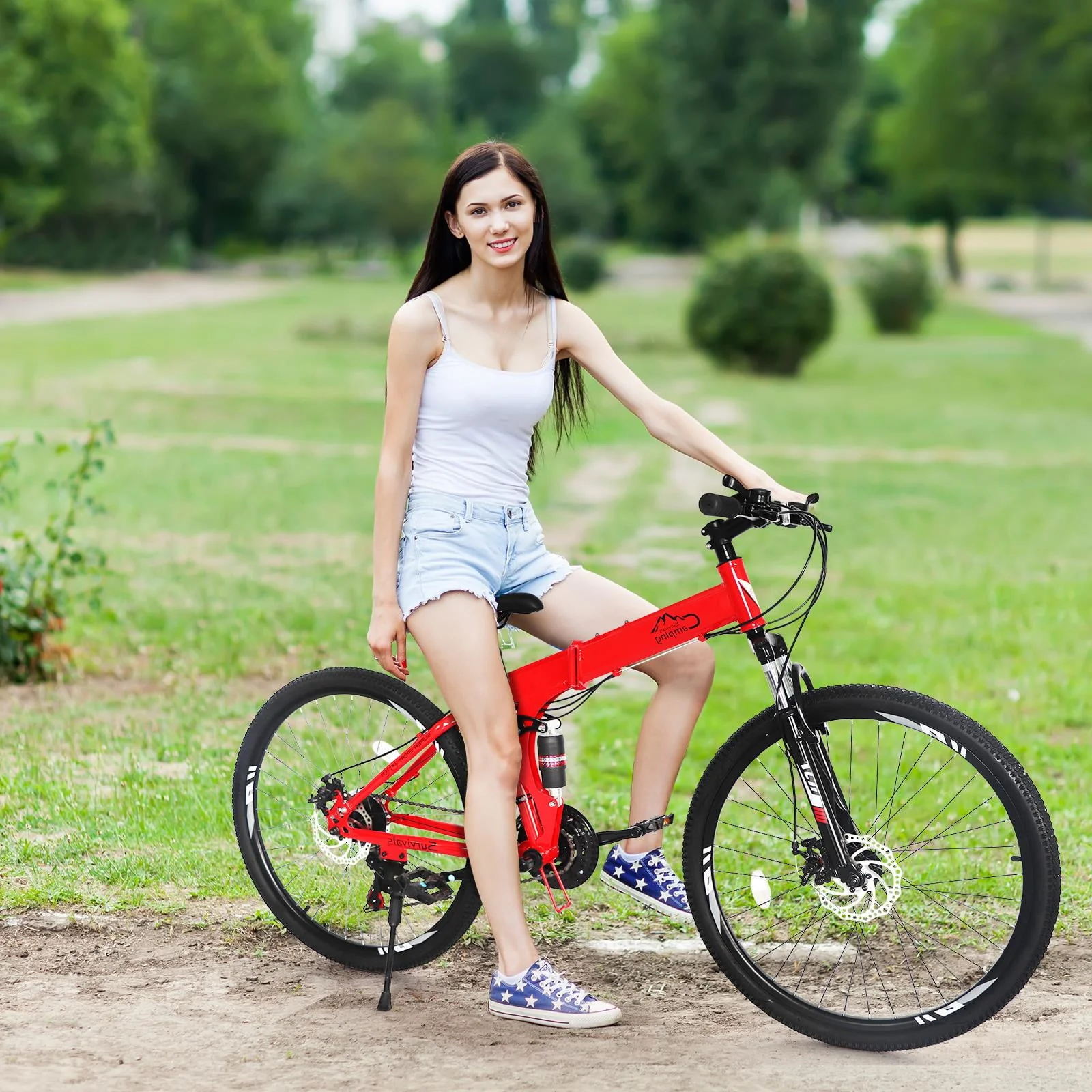 Folding Mountain Bike Shimano 21-Speed, with 26 inch Wheels, Red