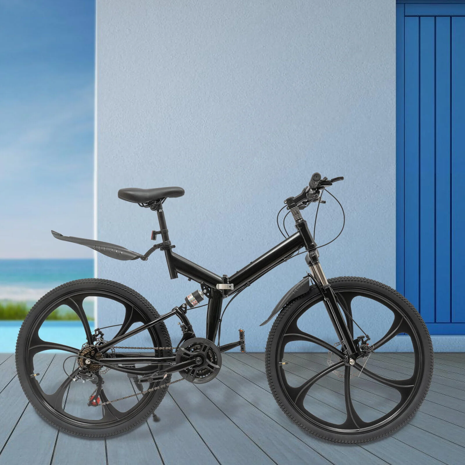 MIDUO Black Folding Mountain Bike 21-Speed Foldable Bicycle Disc Brake Mountain Bike