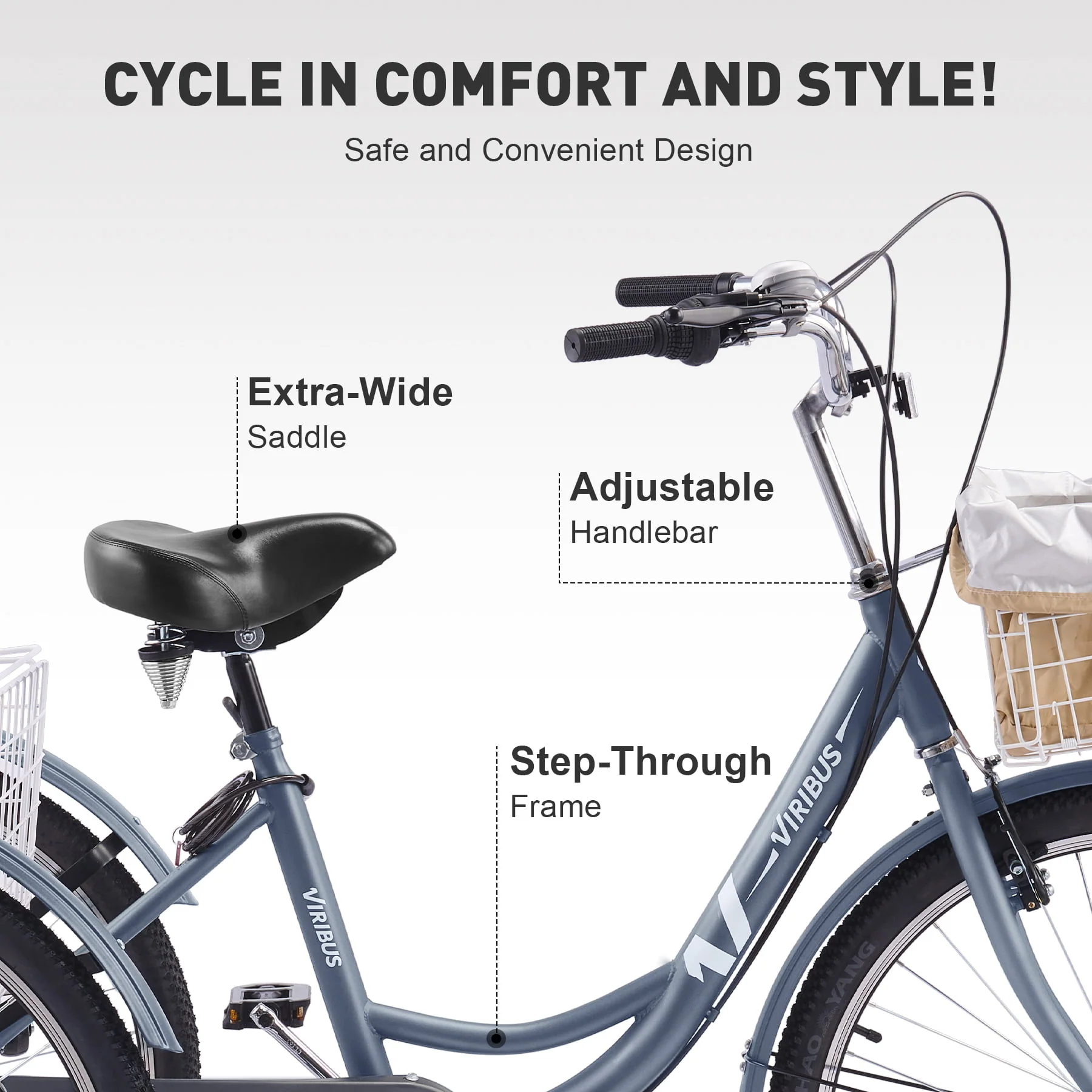 VIRIBUS 24 Inch Adult Trike 7 Speed Bike w Adjustable Seat 2 Baskets Matte Gray