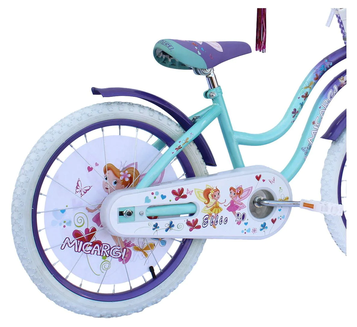 USToyOutlet 20 In. Cruiser Steel Frame Bicycle Coaster Brake One Piece Crank, White Full cover Chain Guard, Purple Baskets, Fenders & Rims, White Tire Kid's Bike - Purple/Baby Blue
