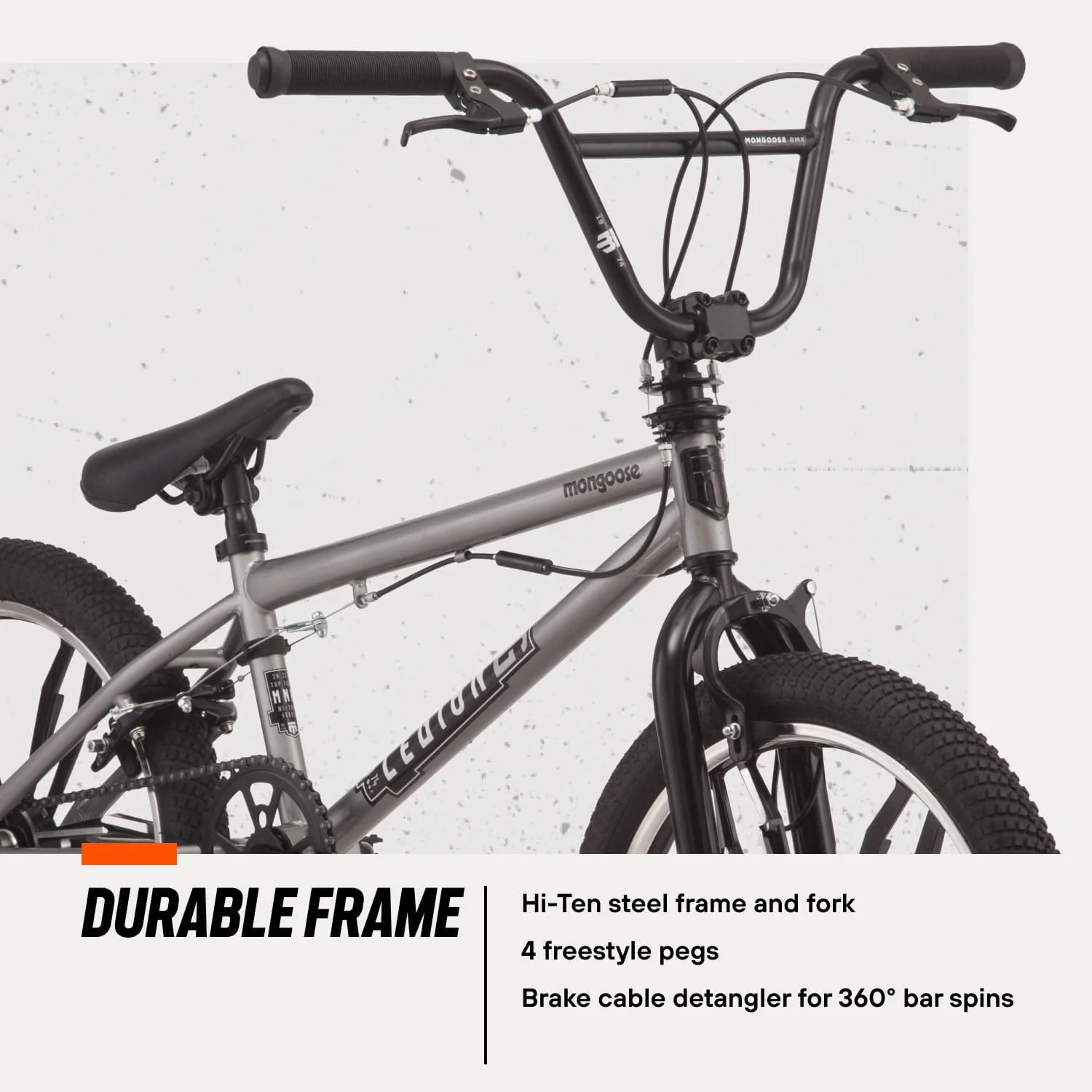 Mongoose Legion Mag Freestyle Sidewalk BMX Bike for Kids, Children and Beginner-Level to Advanced Riders, 20 In. Wheels, Hi-Ten Steel Frame, Micro Drive 25 x 9T BMX Gearing, Silver