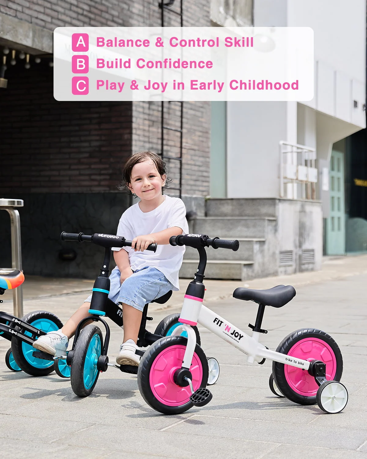 Ubravoo Fit 'n Joy Toddler Balance Bike,4-in-1 Starter Kids Training Bicycle,Rear Single Rod,Blue
