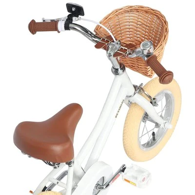 Petimini 14 Inch Steel Frame Child Bicycle with Wicket Basket, Handlebar Bell, Training Wheels, Adjustable Seat, and Parent Handle, Ages 3 to 5, White