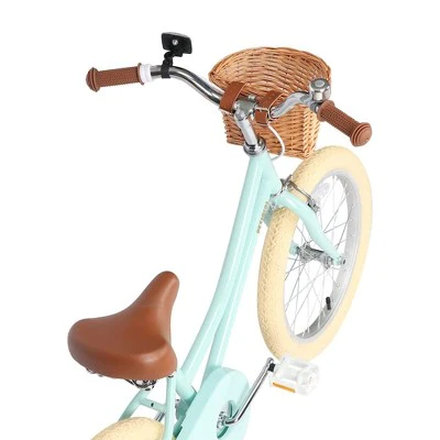 Petimini 18 Inch Steel Frame Child Bicycle with Kickstand, Wicket Basket, Handlebar Bell, Training Wheels, and Adjustable Seat, Ages 5 to 9, Mint