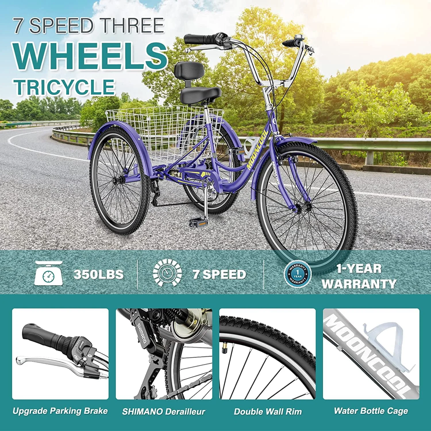 Lilypelle Adult Tricycles 7 Speed 20/24/26 Inch Three Wheel Bike Cruiser Trike with Low-Step Through Frame/Large Basket for Men, Women, Seniors