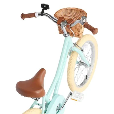 Petimini 16 Inch Steel Frame Child Bicycle with Wicket Basket, Handlebar Bell, Training Wheels, Adjustable Seat, and Parent Handle, Ages 4 to 8, Mint