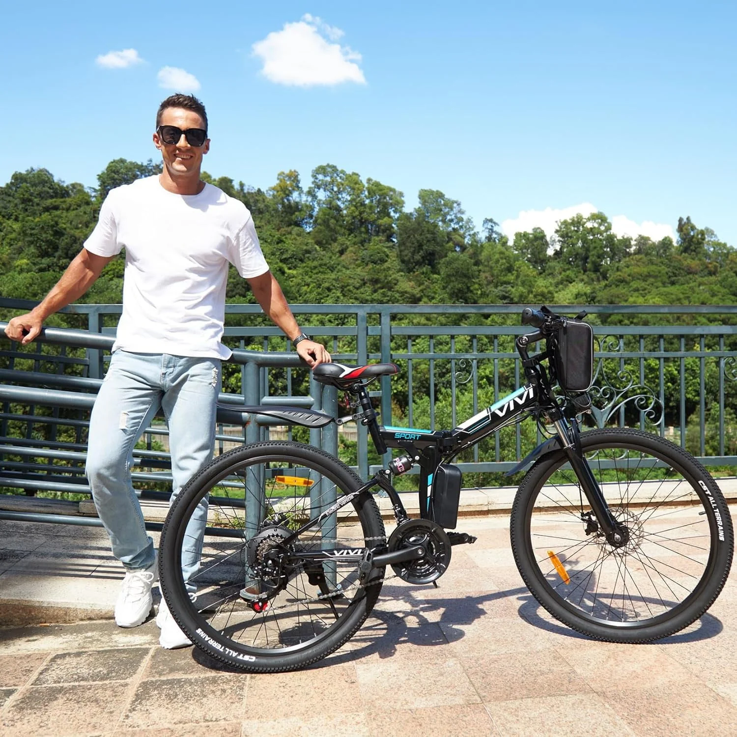 Vivi Electric Bike 26'' Folding Electric Mountain Bike 500W Full Suspension Electric Bike 21 Speed with Cruise Control, 48V Removable Battery, Up to 20MPH & 50 Miles