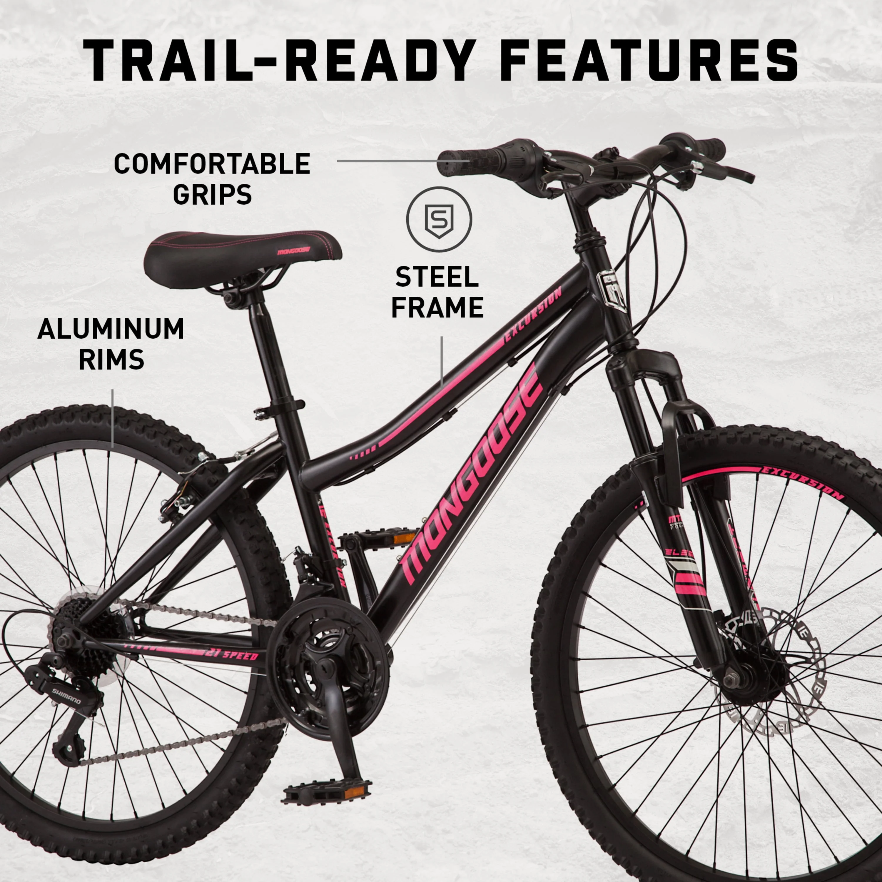 24-in. Excursion Unisex Mountain Bike, Black, 21 Speeds