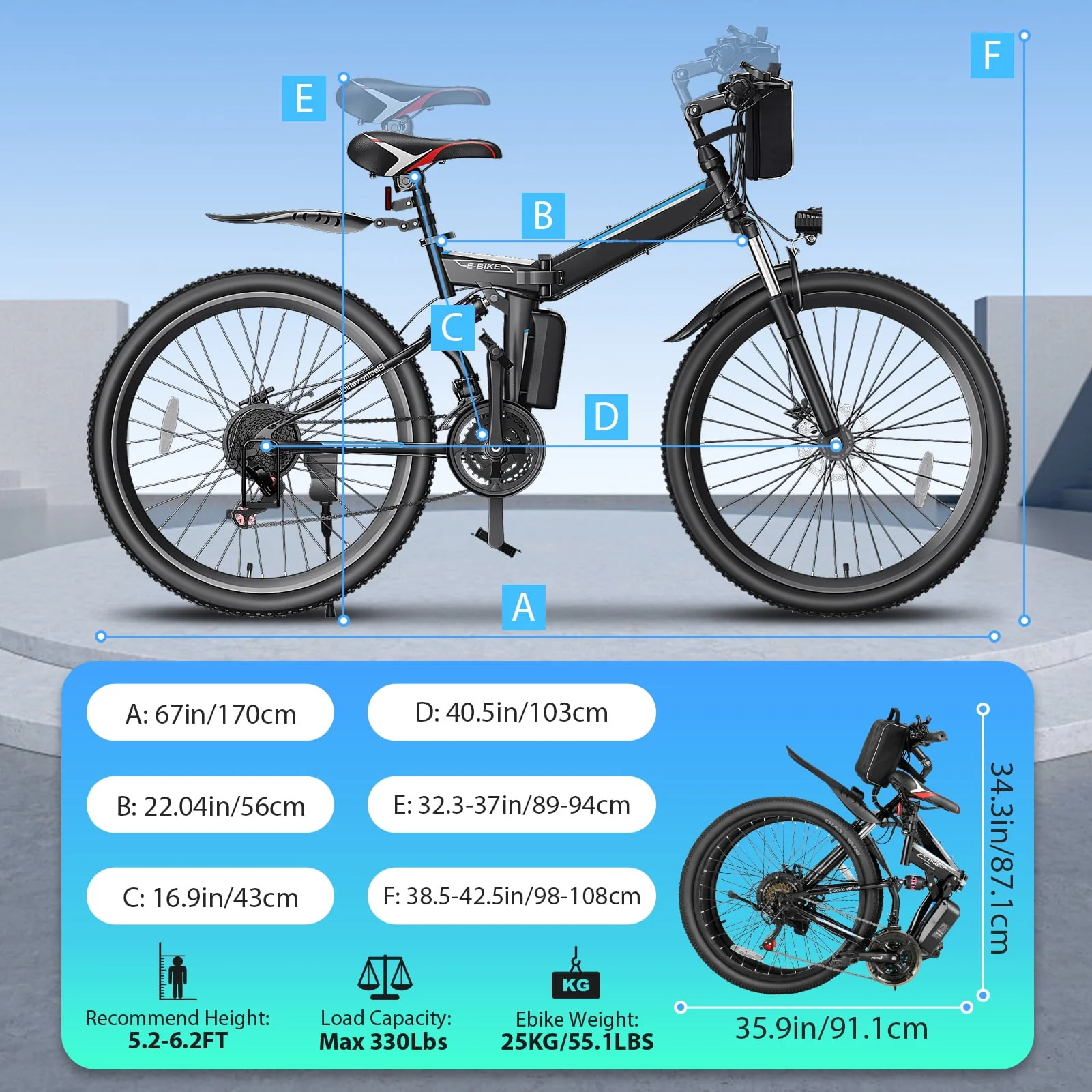 Elifine 26 In. Folding Electric Bike for Adults, 500W Electric Mountain Bike, 21 Speed, Full Suspension, 48V Foldable Ebike with Removable 7.8Ah Lithium-Ion Battery Electric Commuter Bicycle
