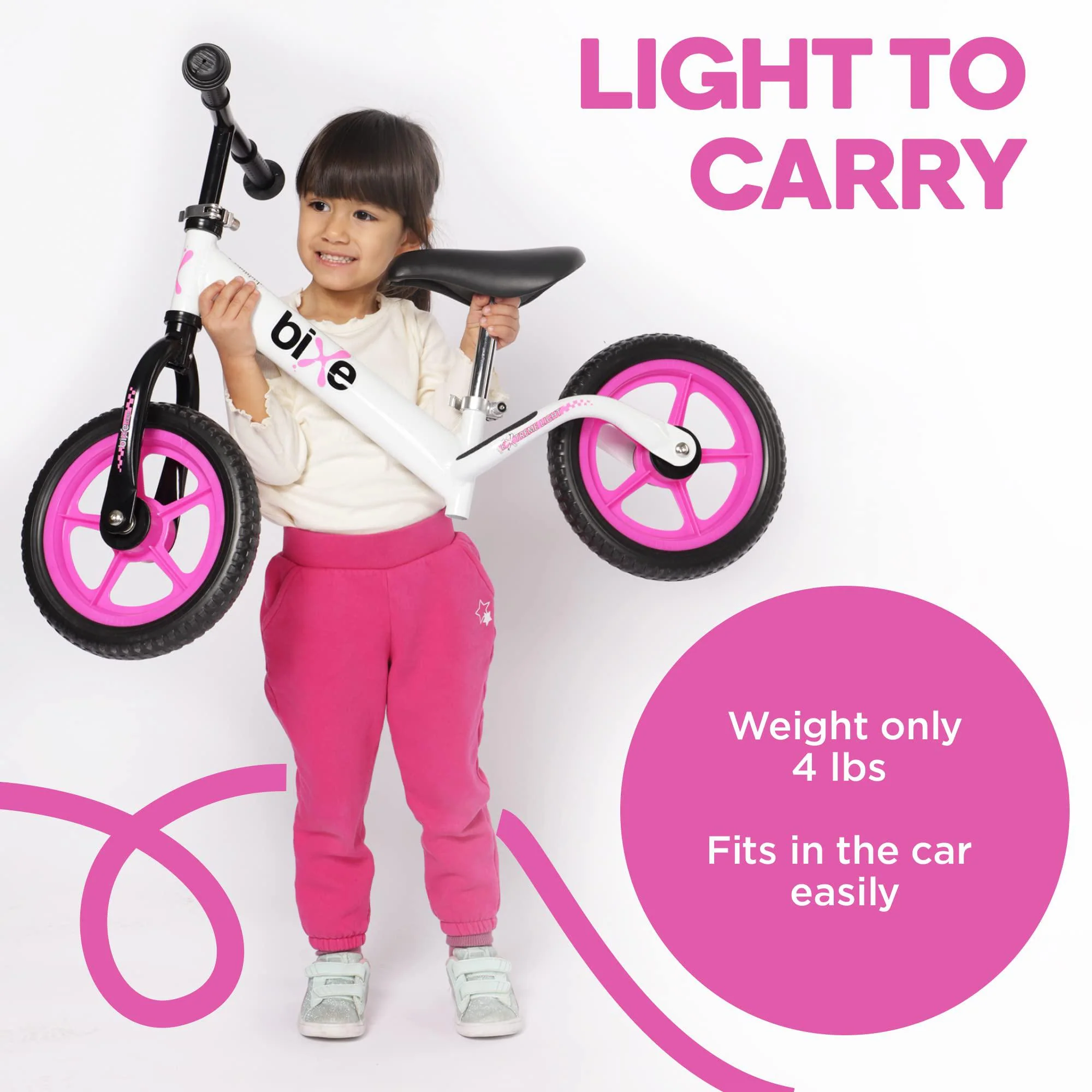 bixe: pink (lightweight - 4lbs) aluminum balance bike for kids and toddlers - no pedal sport training bicycle - bikes for 2,