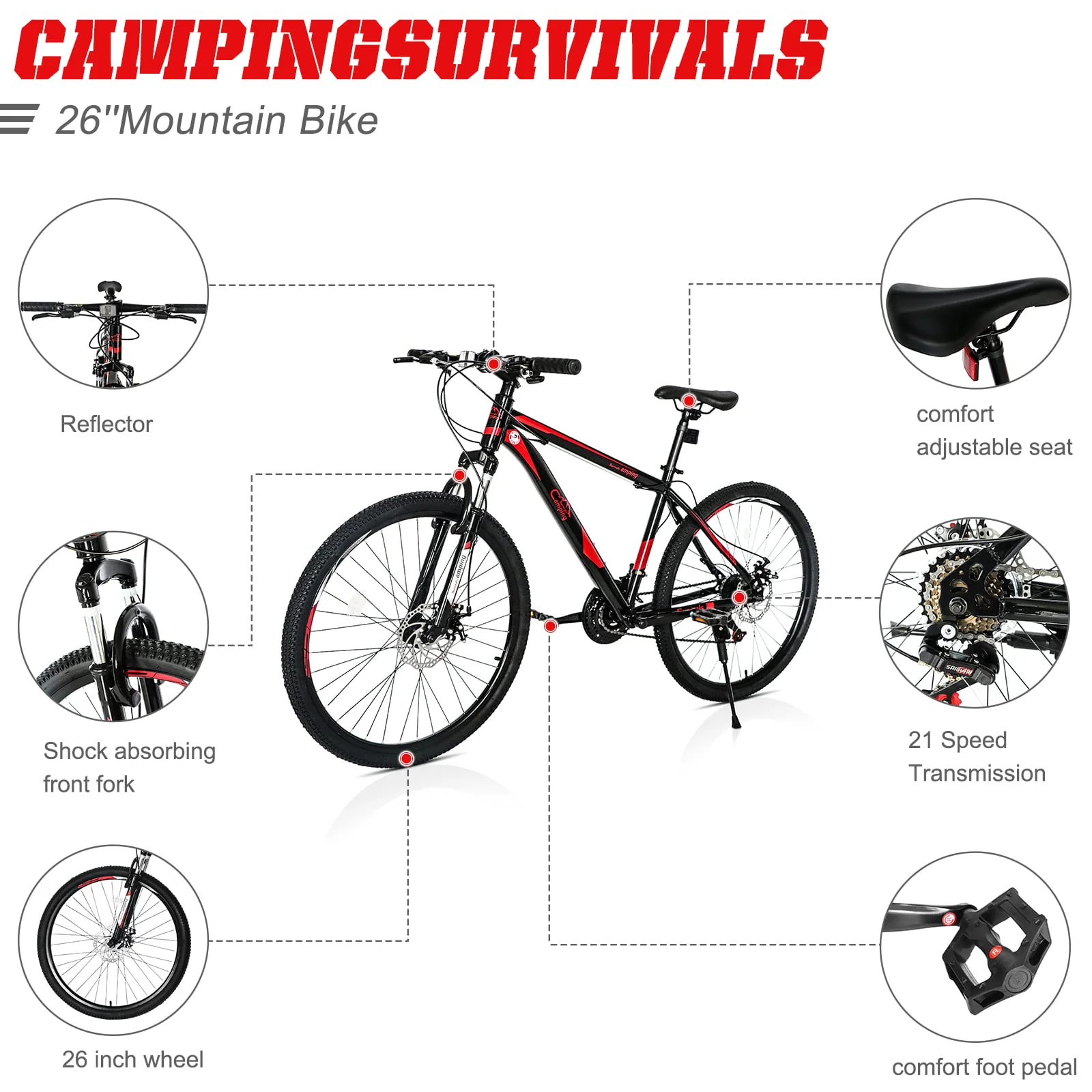 Zimtown 26in Wheel Mountain Bike, Adult 21 Speed Steel Bicycle, Black & Red