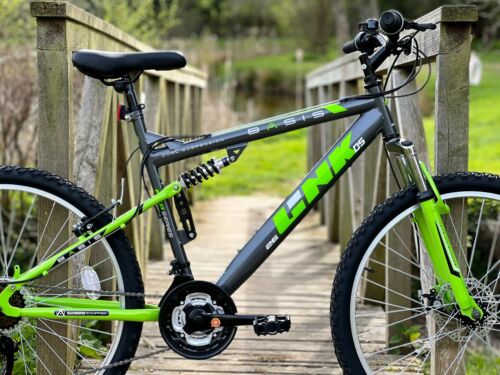 Basis Link Full Suspension Mountain Bike 26" Wheel MTB 18 Speed Shimano Grey/Grn