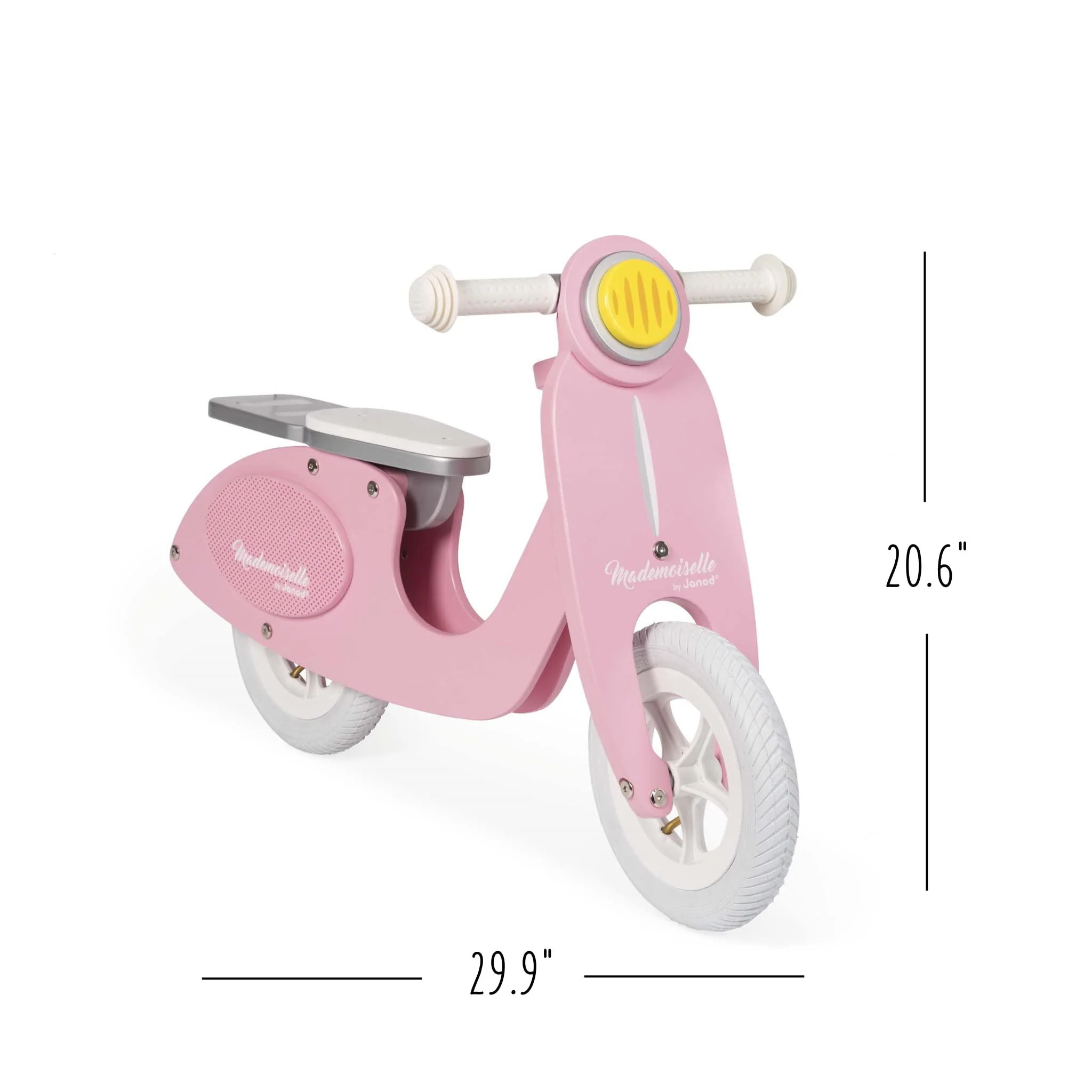 janod mademoiselle pink scooter balance bike - retro-style adjustable wooden beginner bike with ergonomic handles - encourage