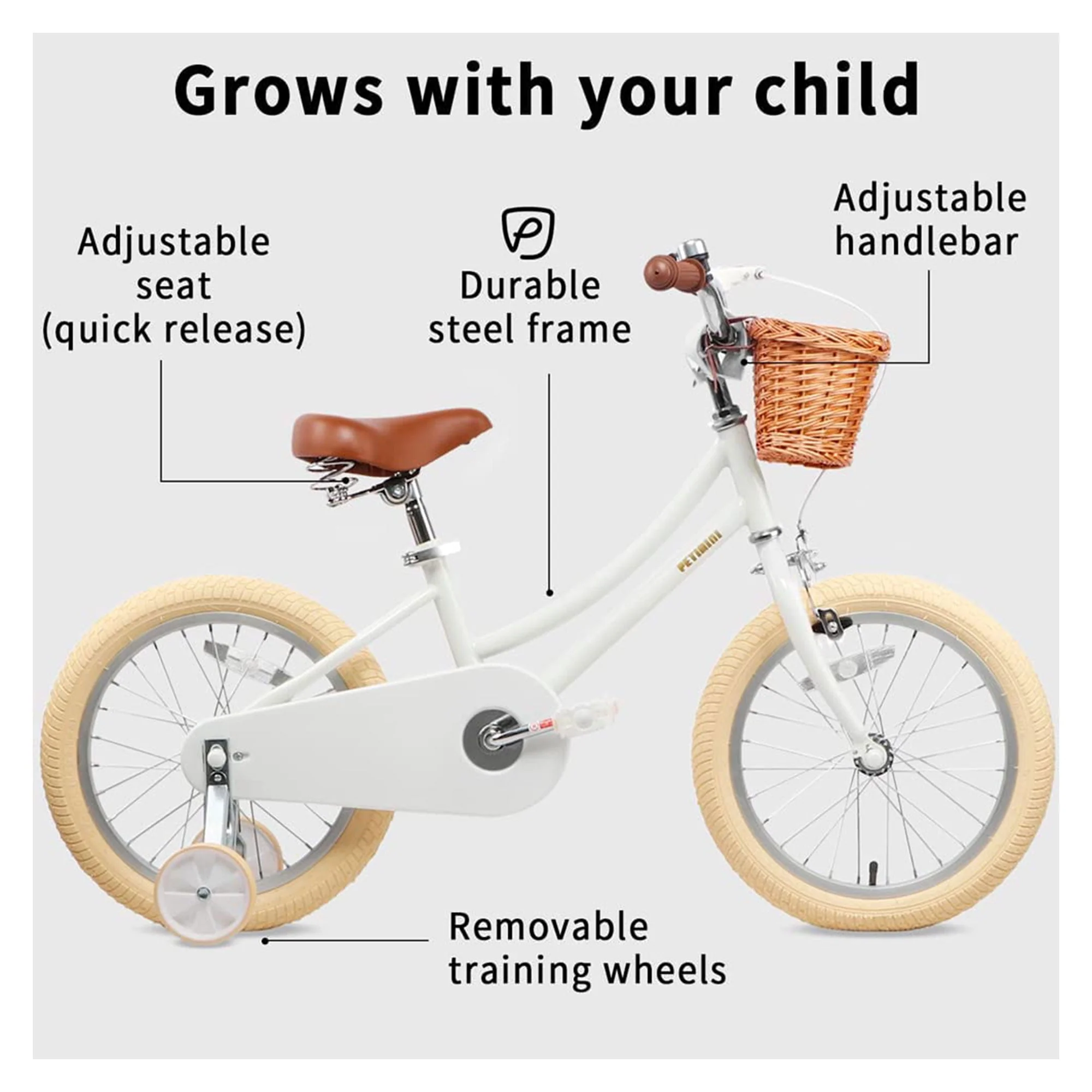 Petimini 16 Inch Child Bicycle w/ Basket, Bell, and Training Wheels, White