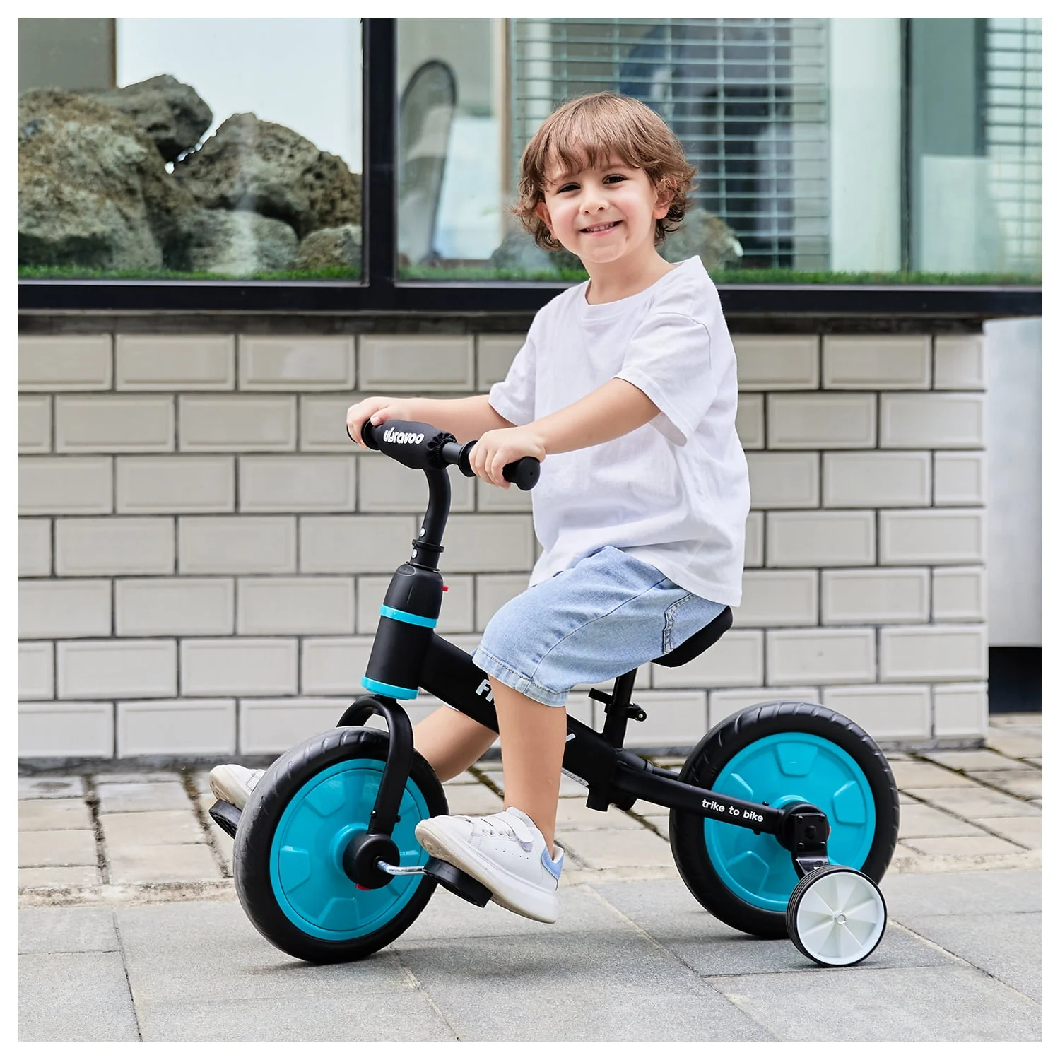 Ubravoo Fit 'n Joy Toddler Balance Bike,4-in-1 Starter Kids Training Bicycle,Rear Single Rod,Blue
