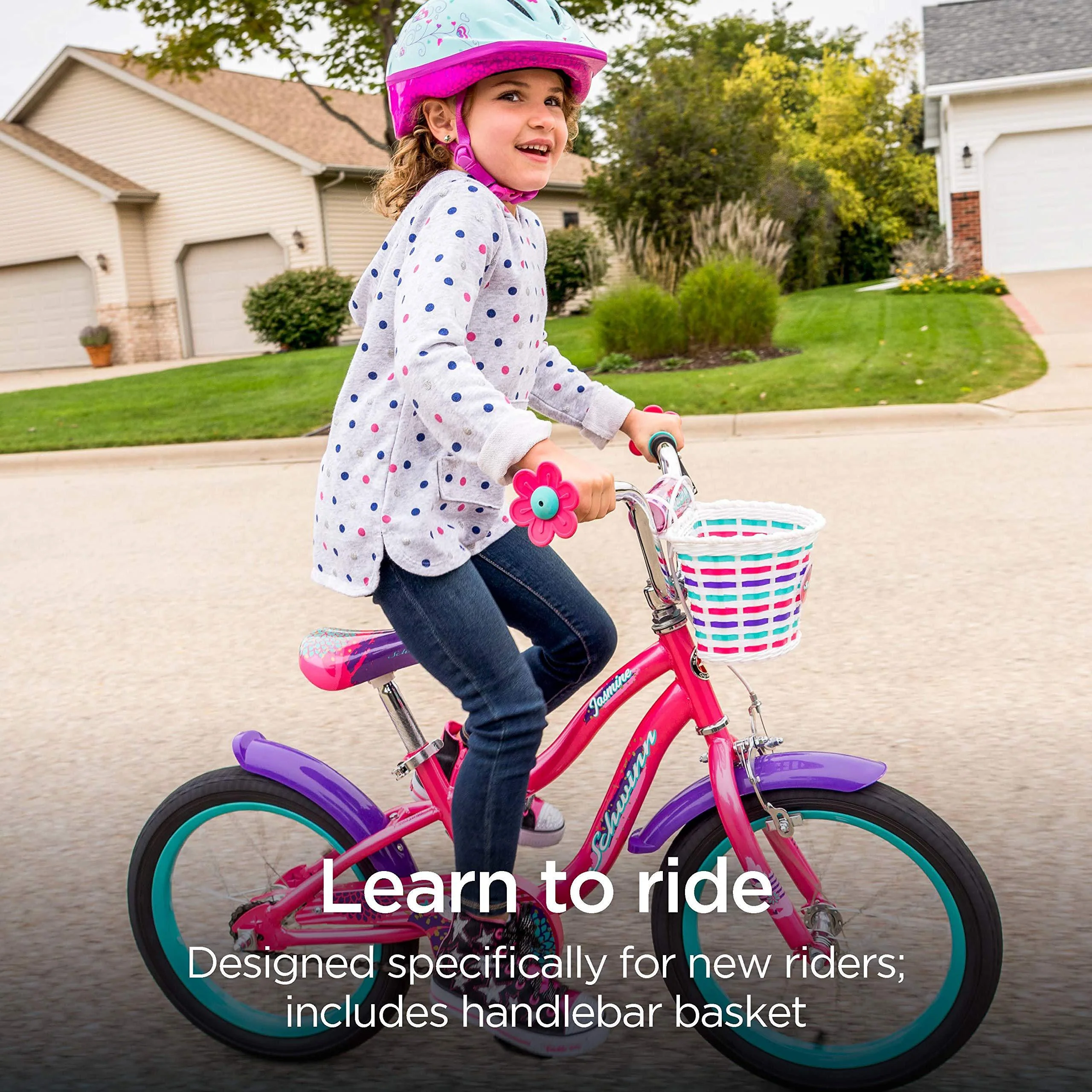 schwinn jasmine kids bike with training wheels, 16-inch wheels, front basket, coaster and hand brakes, pink