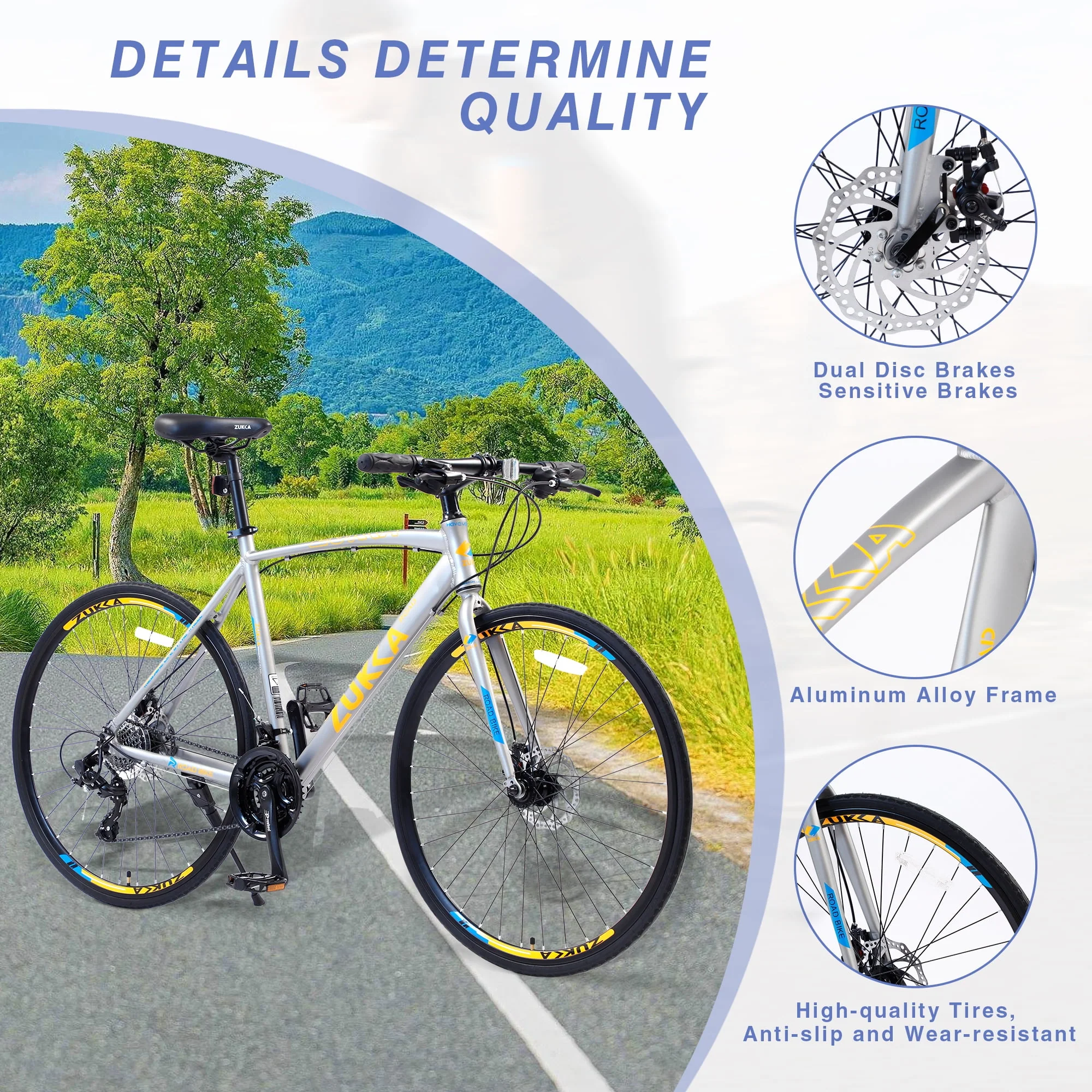 700C Men's Hybrid Bike Aluminum Shimano 24 Speed Road Bike with Disc Brake, Silver