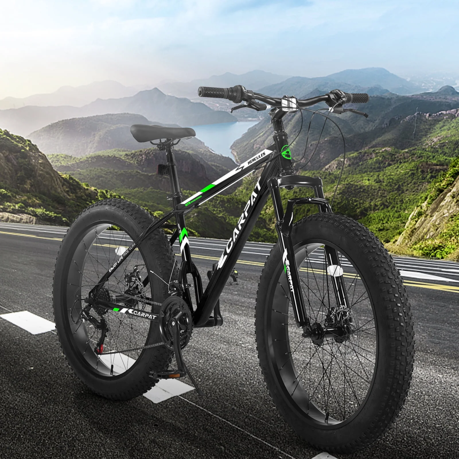 26 Inch Fat Tire Bike Adult/Youth Full Shimano 21 Speed Mountain Bike, Dual Disc Brake, High-Carbon Steel Frame, Front Suspension, Mountain Trail Bike, Urban Commuter City Bicycle