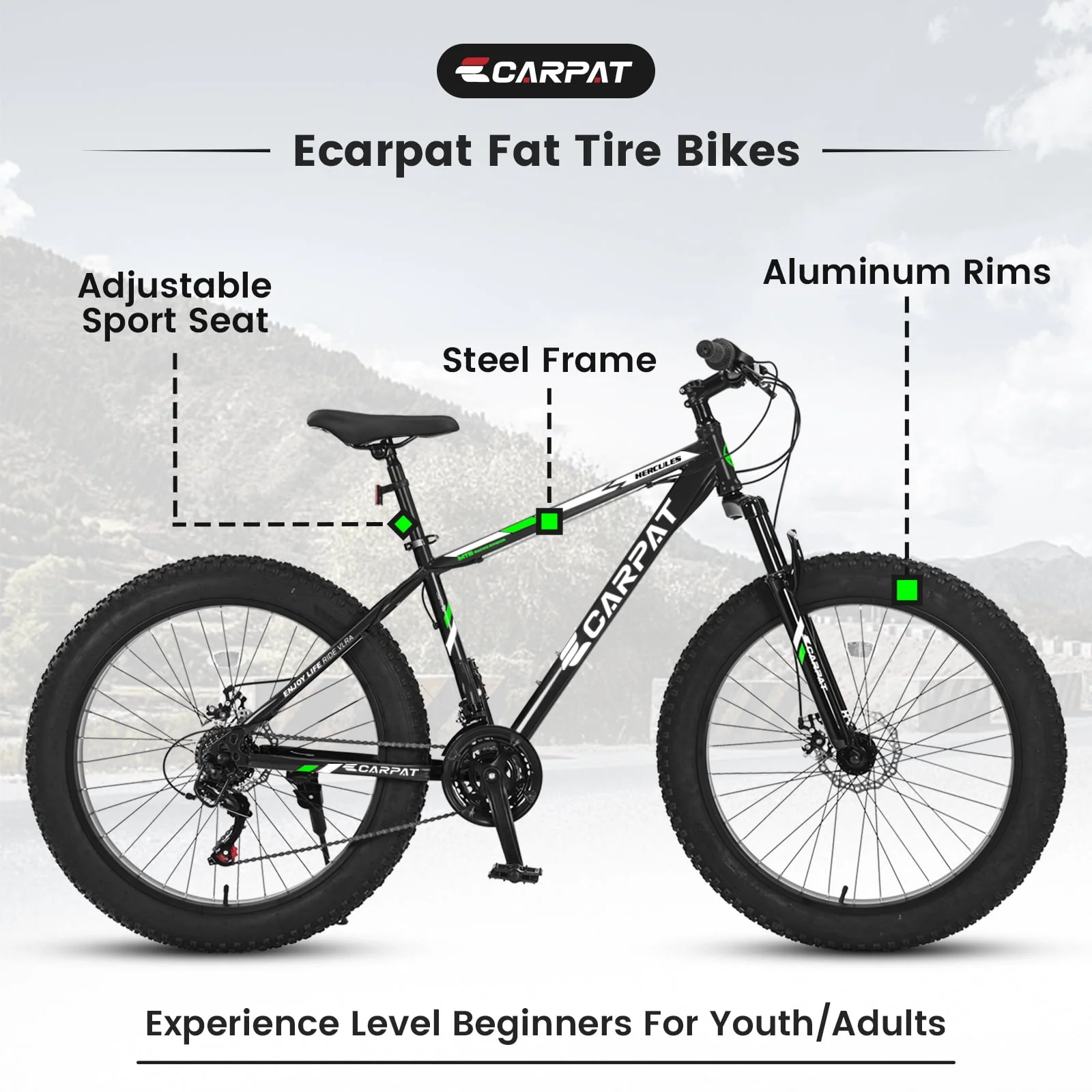 26 Inch Fat Tire Bike Adult/Youth Full Shimano 21 Speed Mountain Bike, Dual Disc Brake, High-Carbon Steel Frame, Front Suspension, Mountain Trail Bike, Urban Commuter City Bicycle