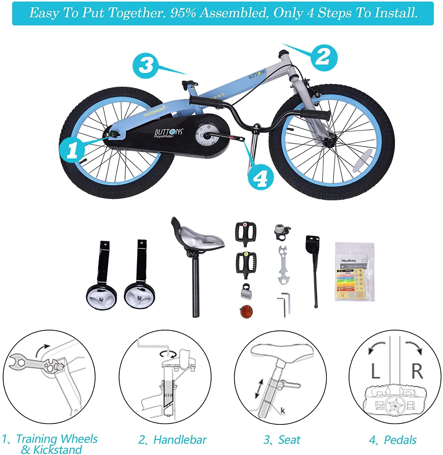 RoyalBaby Buttons Matte Blue 12 inch Kid's Bicycle With Training Wheels