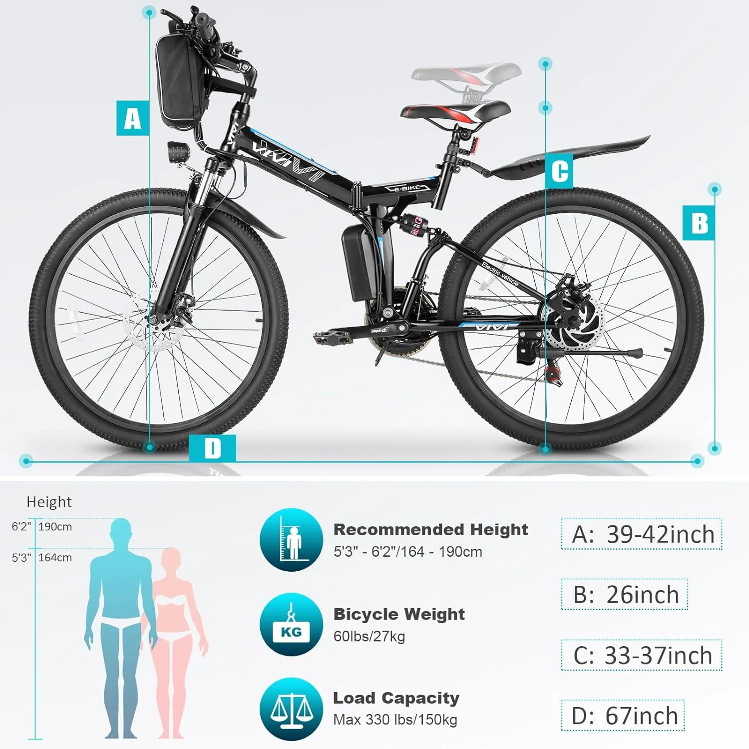 Vivi Electric Bike 26'' Folding Electric Mountain Bike 500W Full Suspension Electric Bike 21 Speed with Cruise Control, 48V Removable Battery, Up to 20MPH & 50 Miles